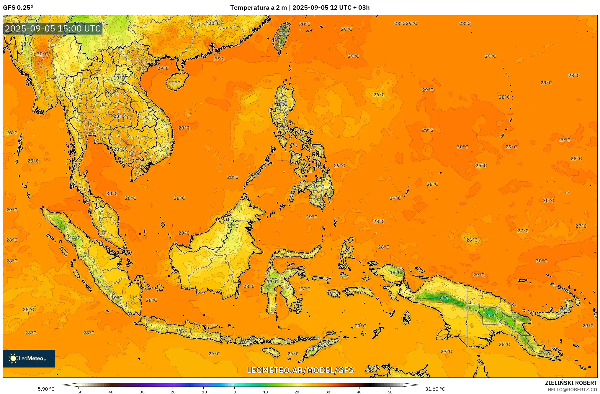 GFS model - Sudeste Asiático, Temperatura a 2 m GFS model - Sudeste Asiático, Temperatura a 2 m