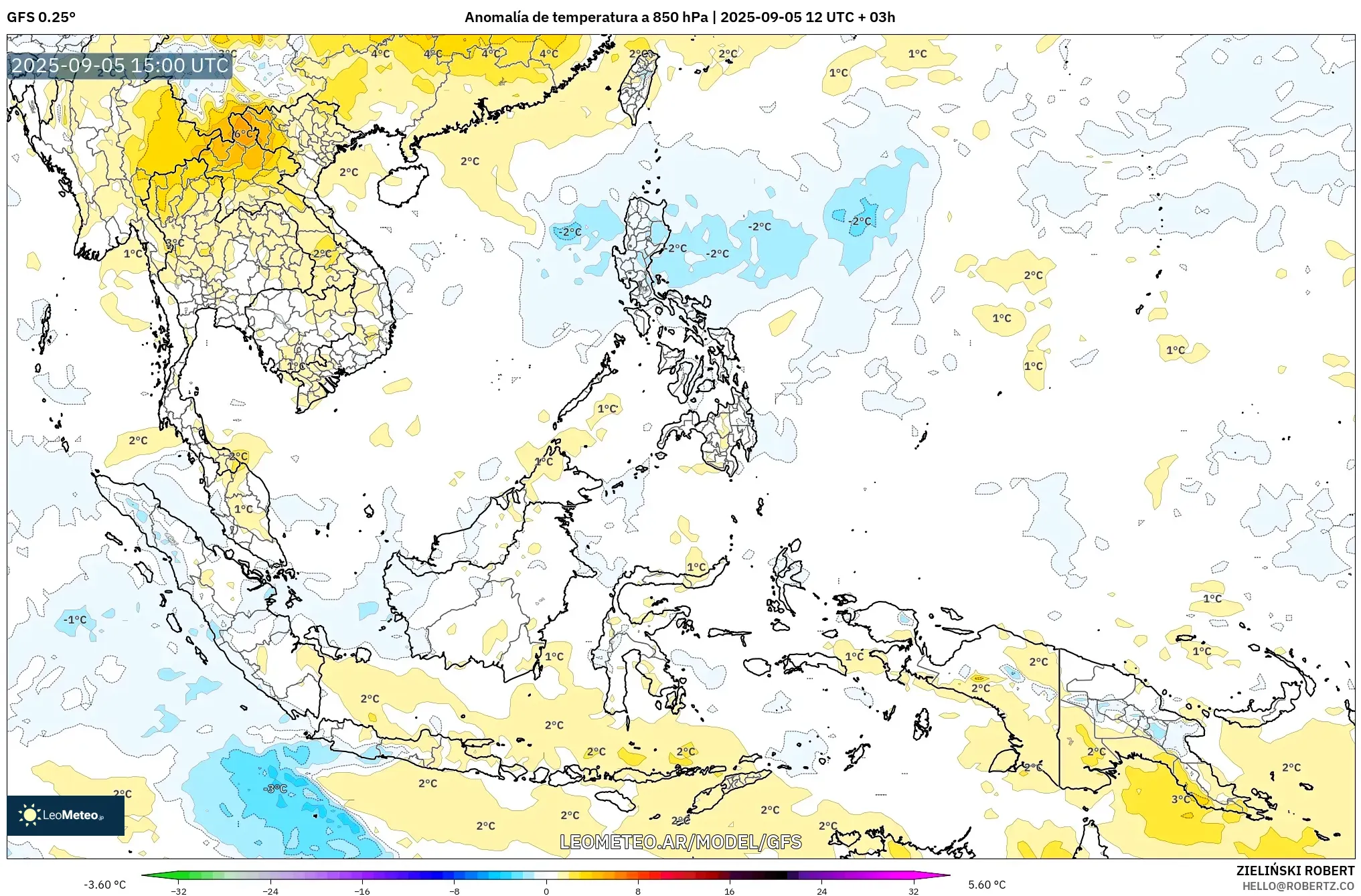GFS model - Sudeste Asiático, Anomalía de temperatura a 850 hPa