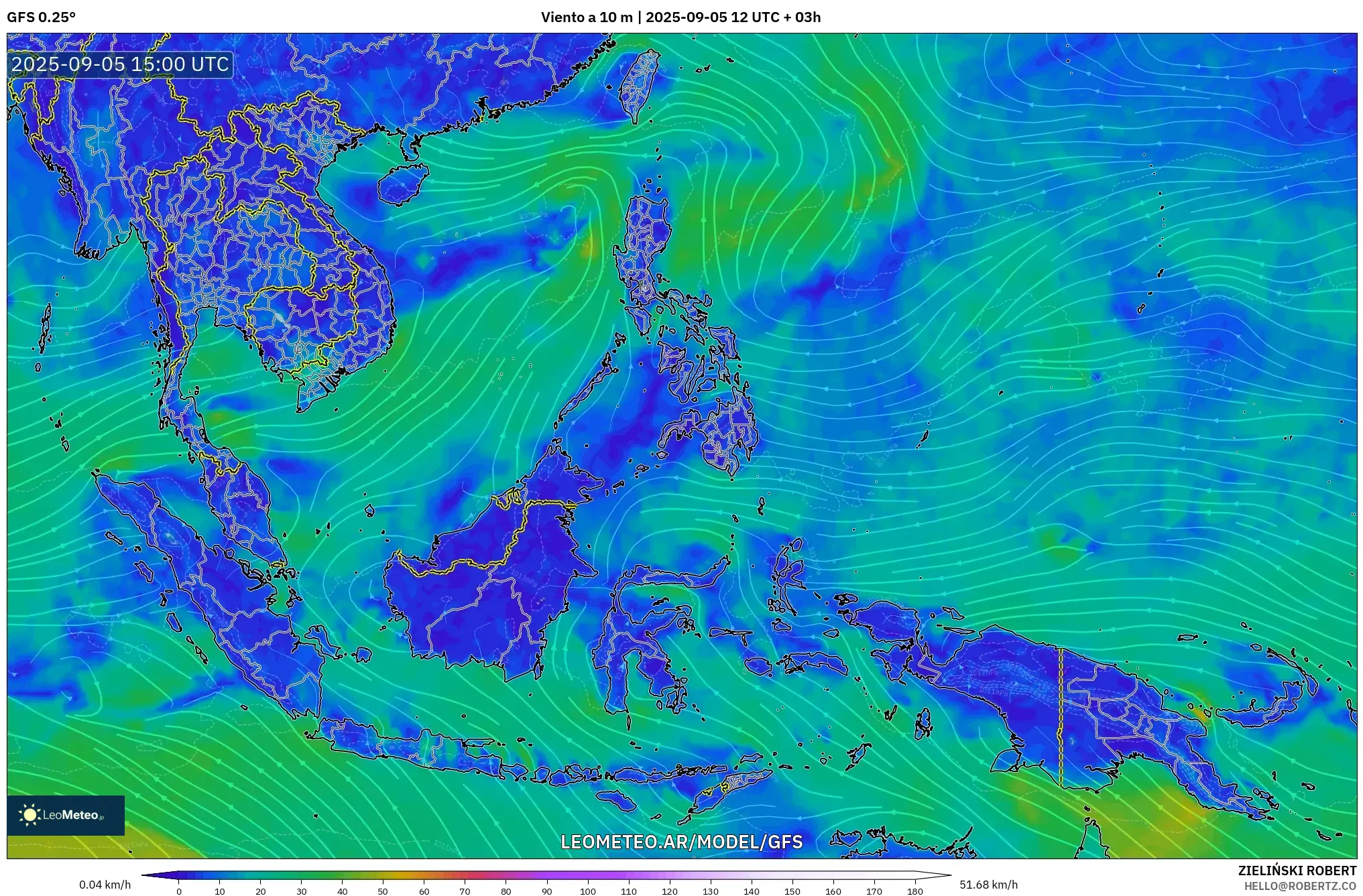 GFS model - Sudeste Asiático, Viento a 10 m