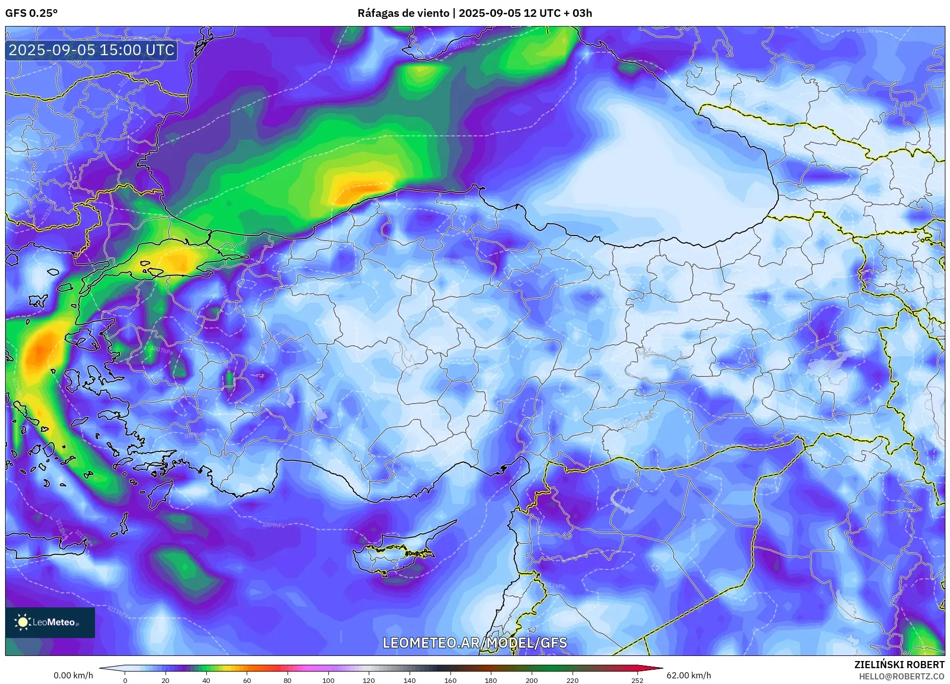 GFS model - Turquía, Ráfagas de viento