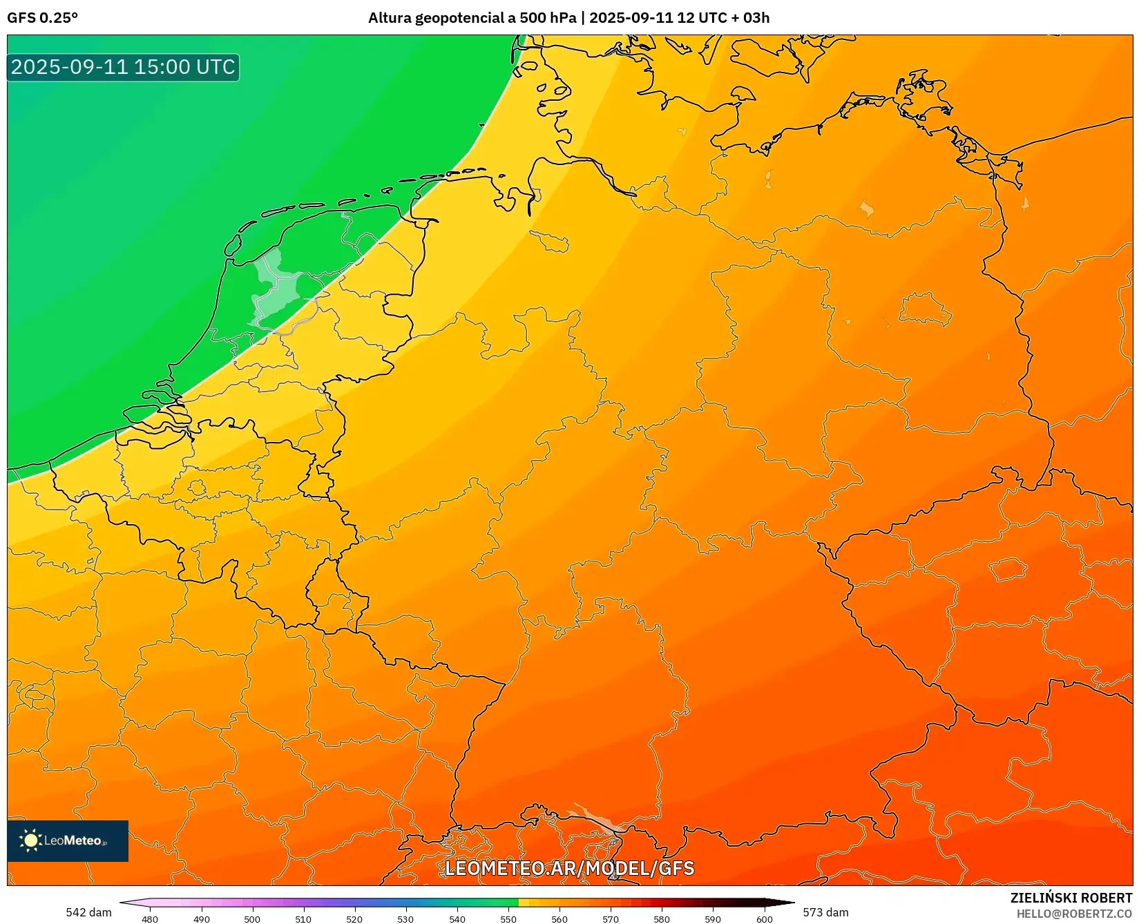 GFS model - Alemania, Altura geopotencial a 500 hPa