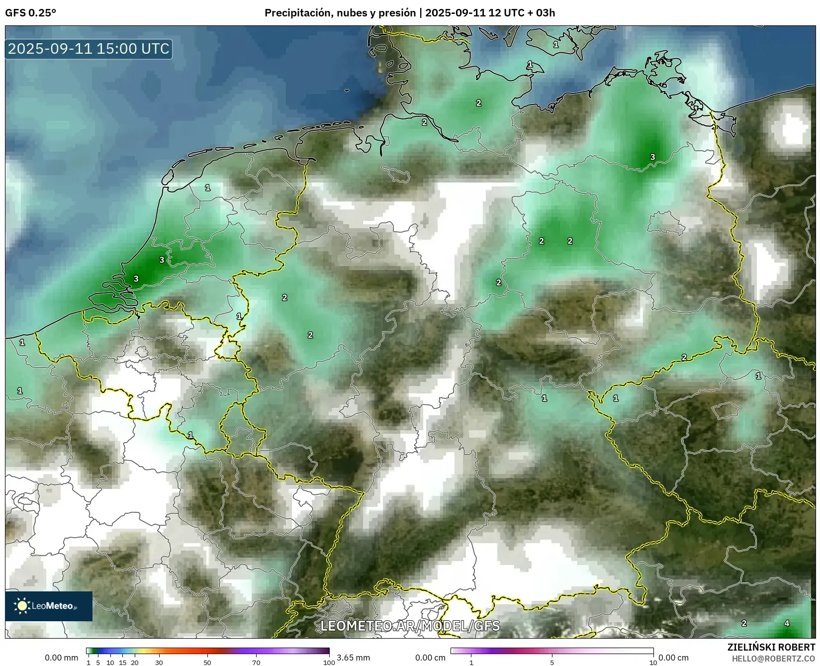 GFS model - Alemania, Precipitación, nubes y presión