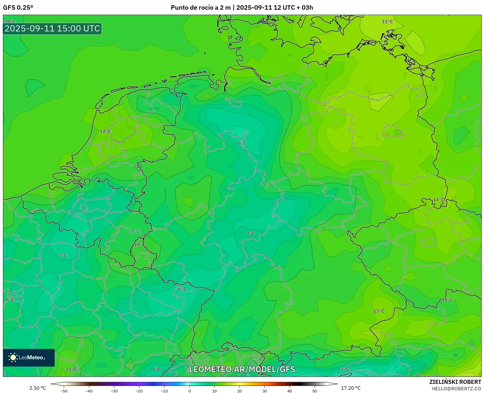 GFS model - Alemania, Punto de rocío a 2 m
