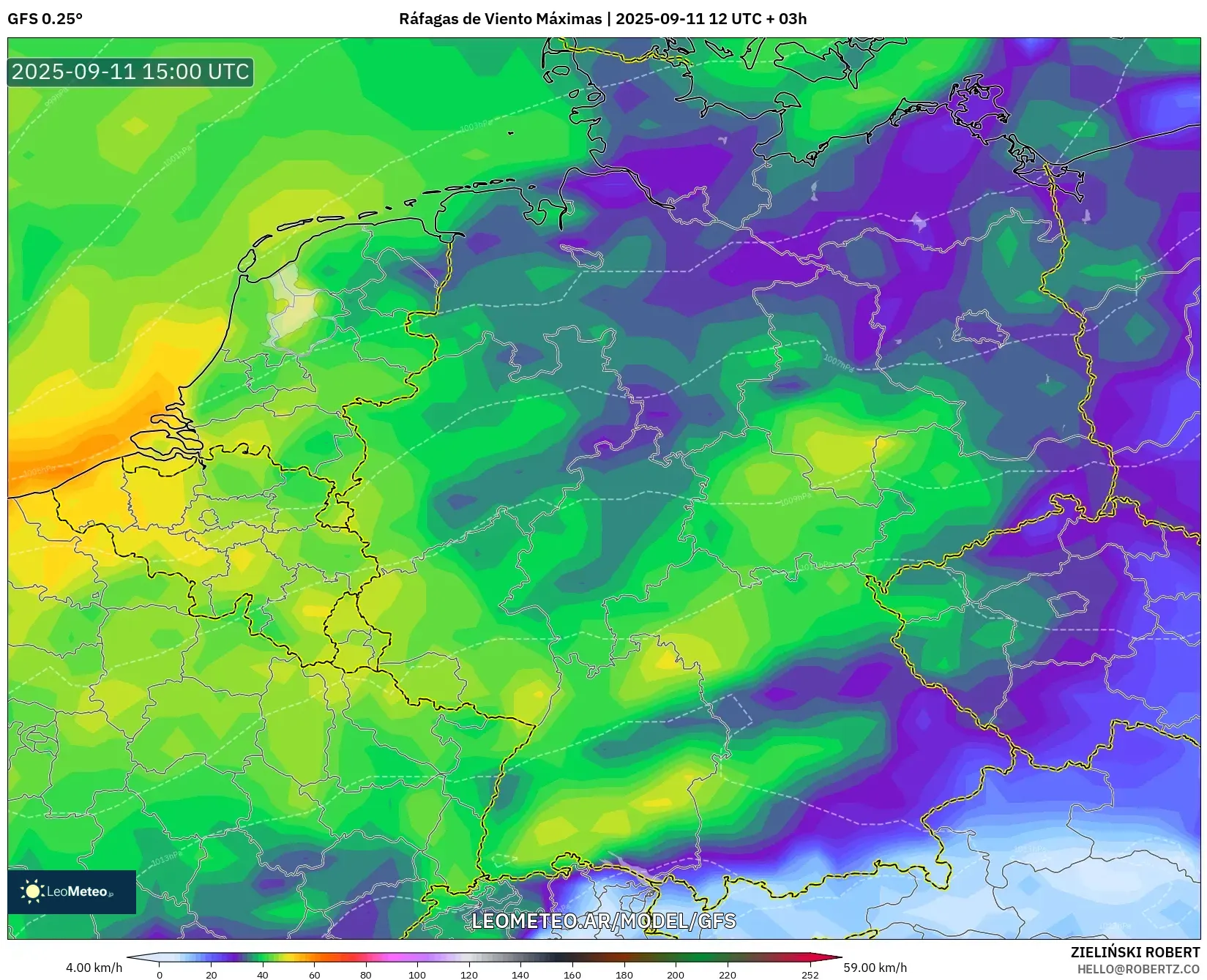 GFS model - Alemania, Ráfagas de Viento Máximas