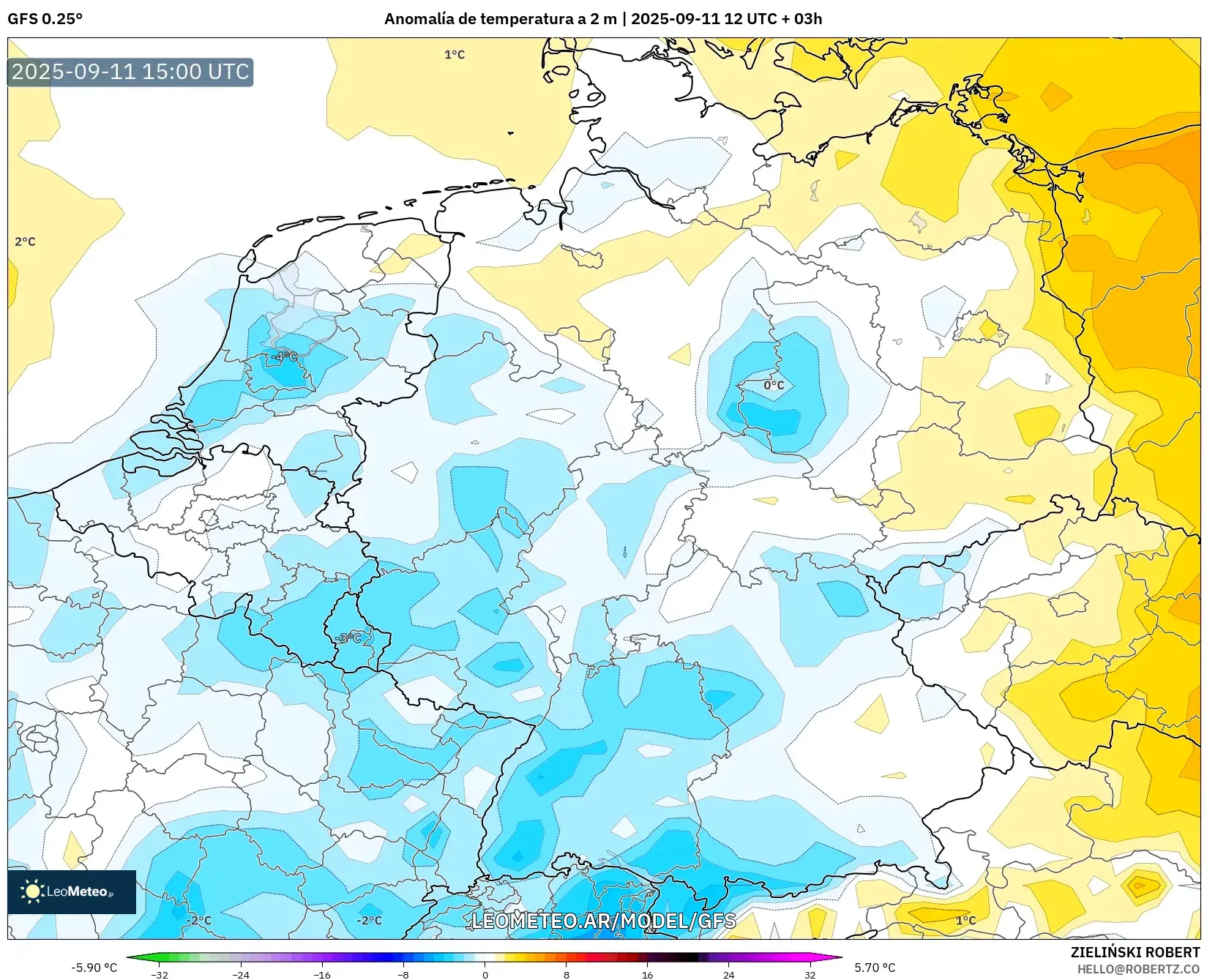 GFS model - Alemania, Anomalía de temperatura a 2 m GFS model - Alemania, Anomalía de temperatura a 2 m