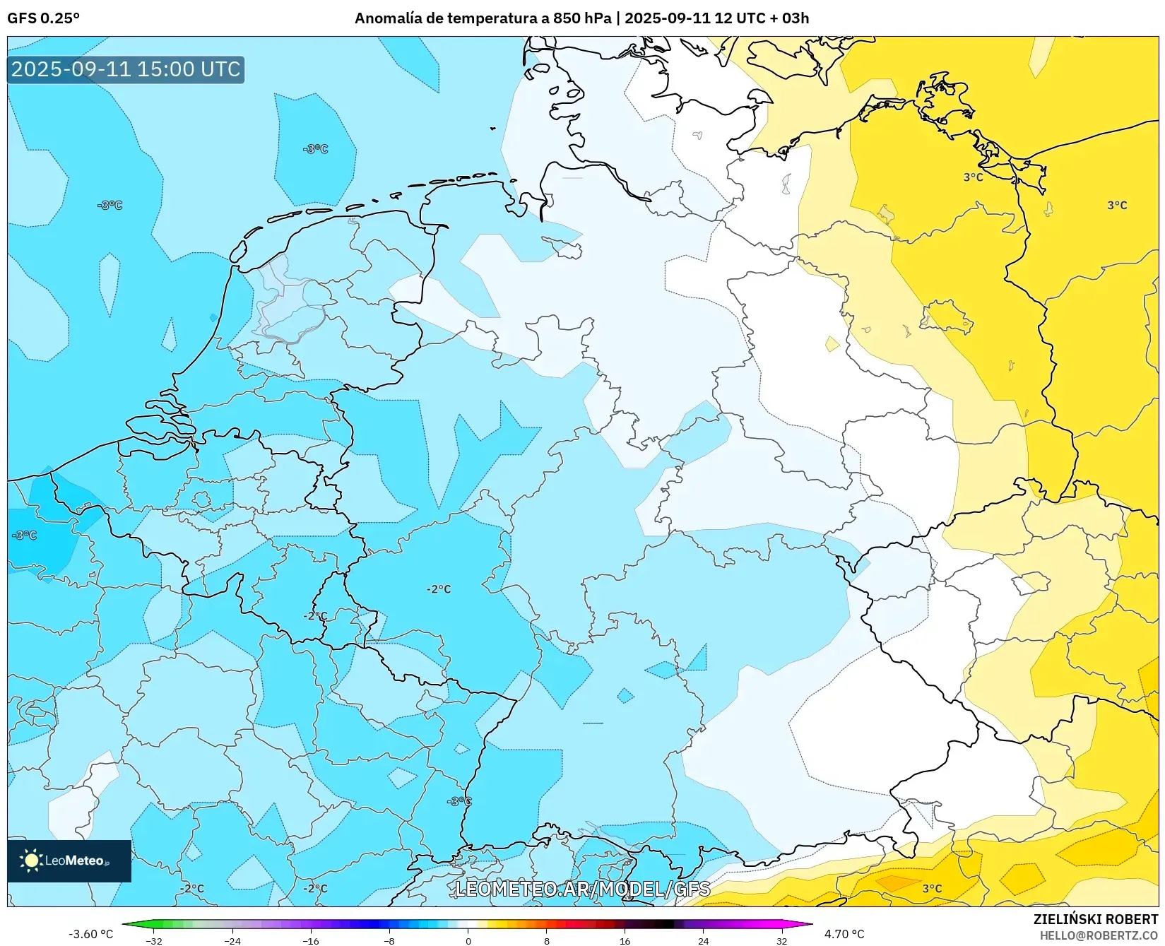 GFS model - Alemania, Anomalía de temperatura a 850 hPa