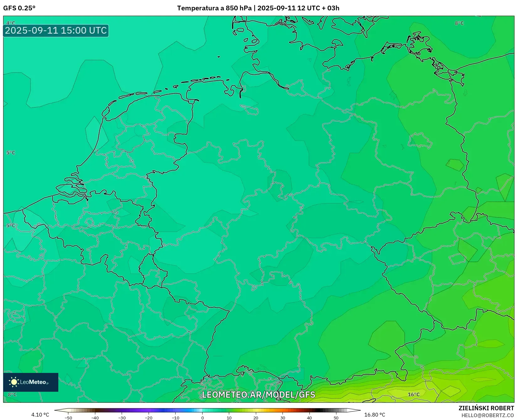 GFS model - Alemania, Temperatura a 850 hPa