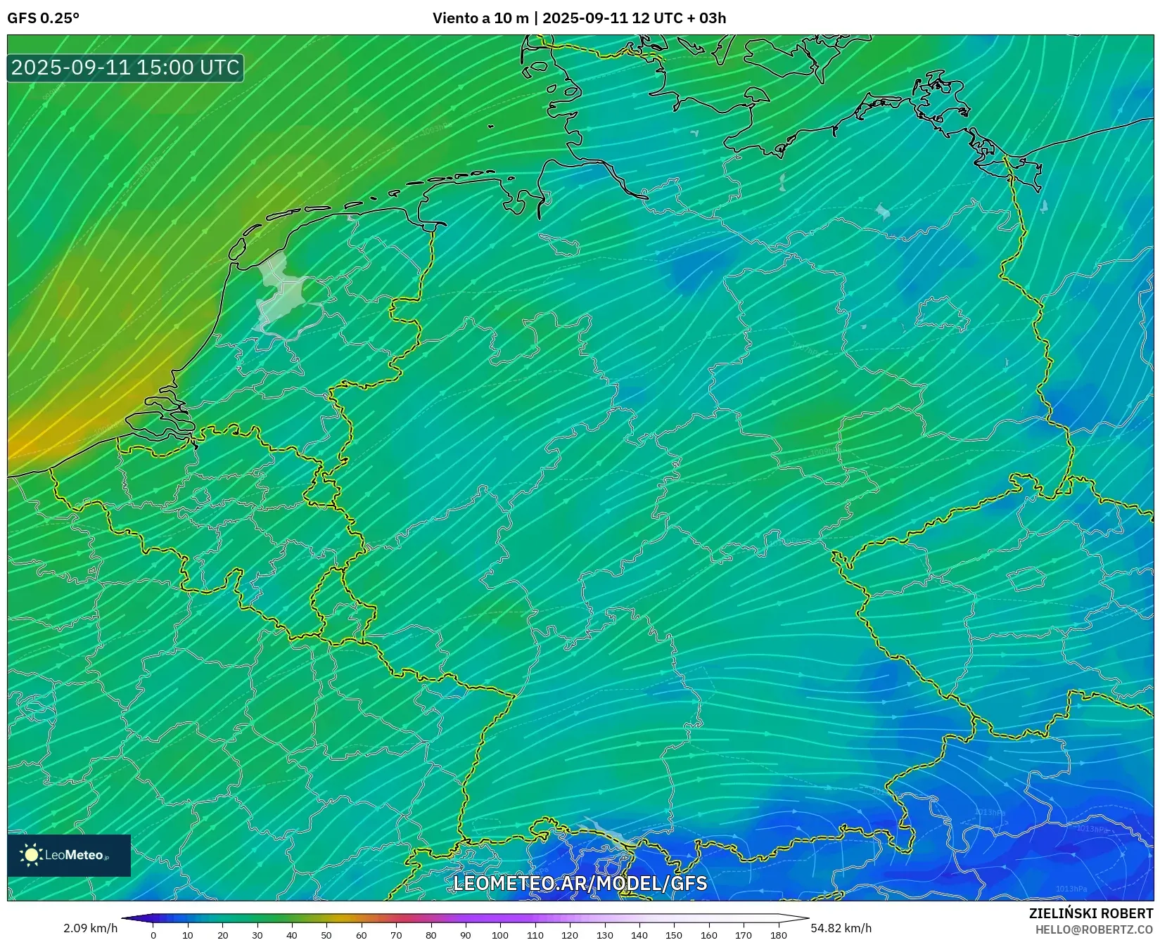 GFS model - Alemania, Viento a 10 m GFS model - Alemania, Viento a 10 m