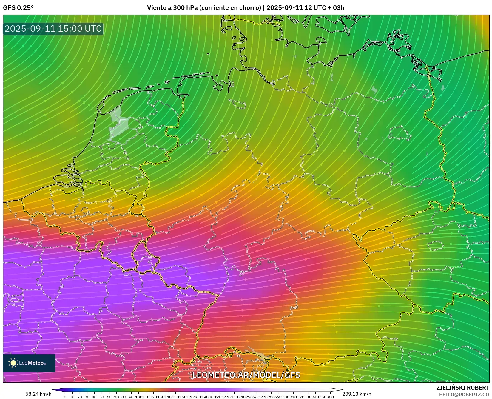 GFS model - Alemania, Viento a 300 hPa (corriente en chorro)