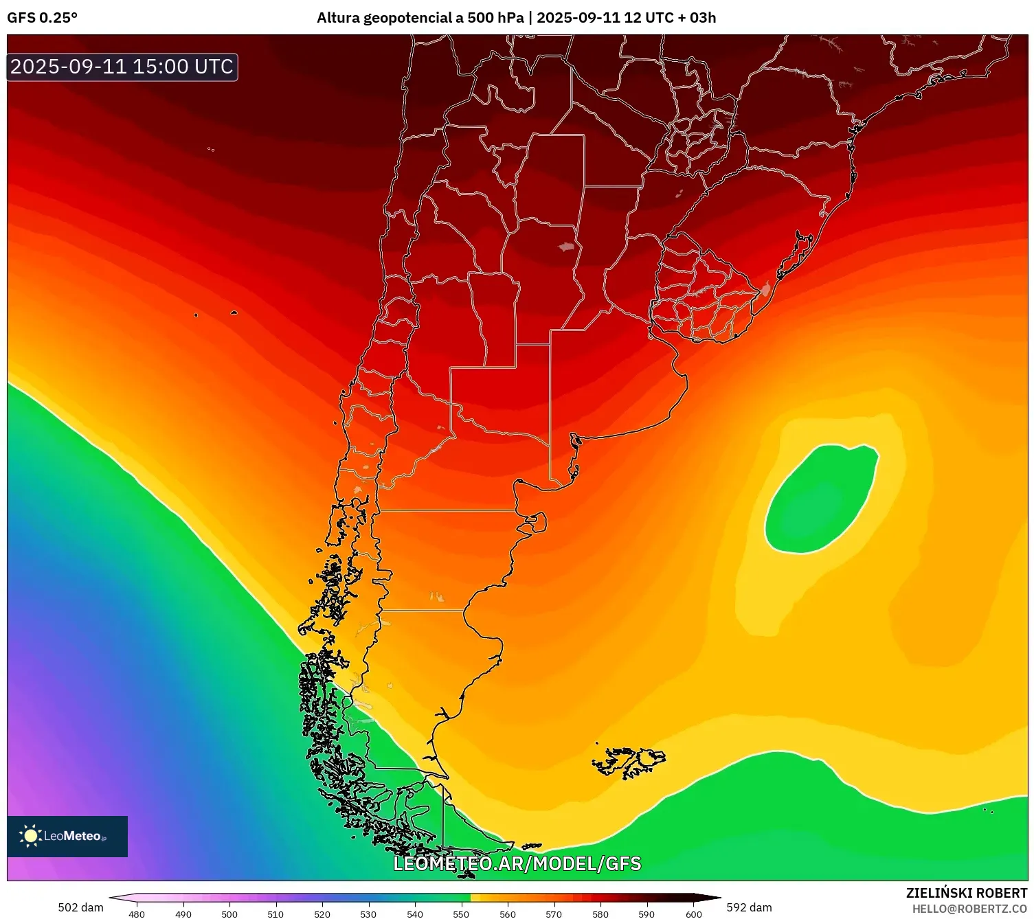 GFS model - Argentina, Altura geopotencial a 500 hPa