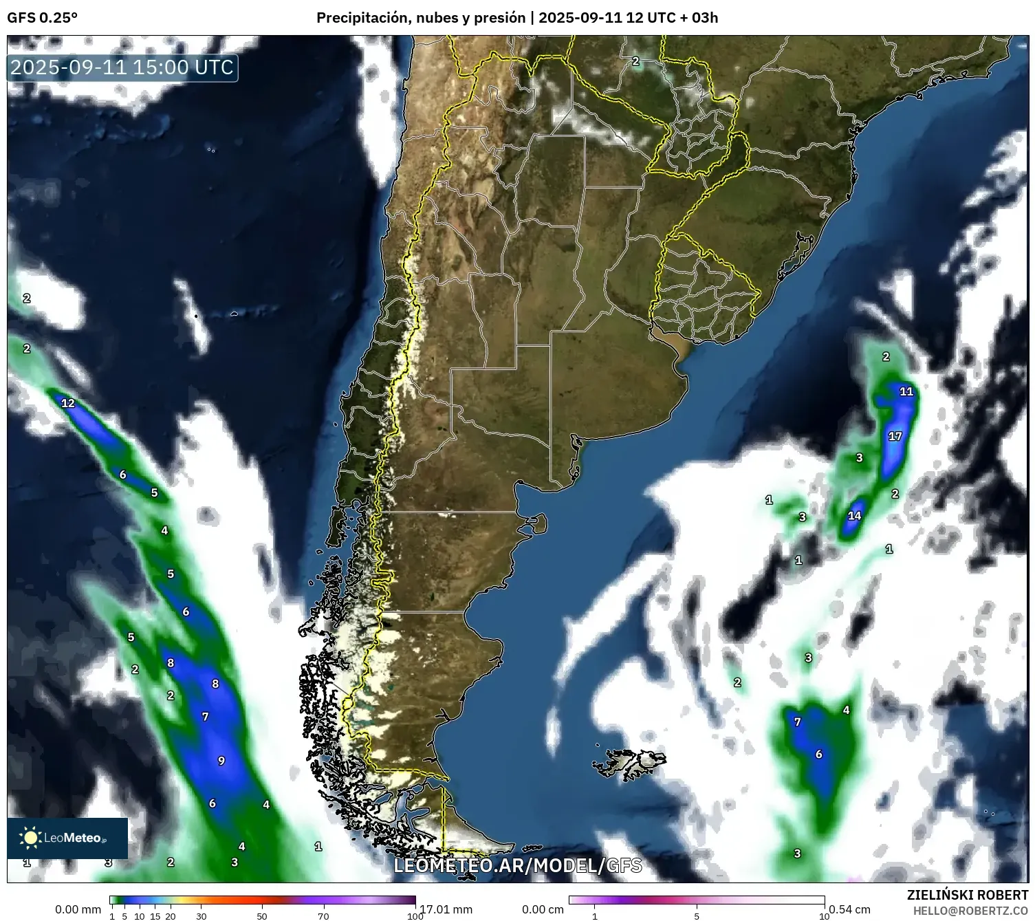GFS model - Argentina, Precipitación, nubes y presión