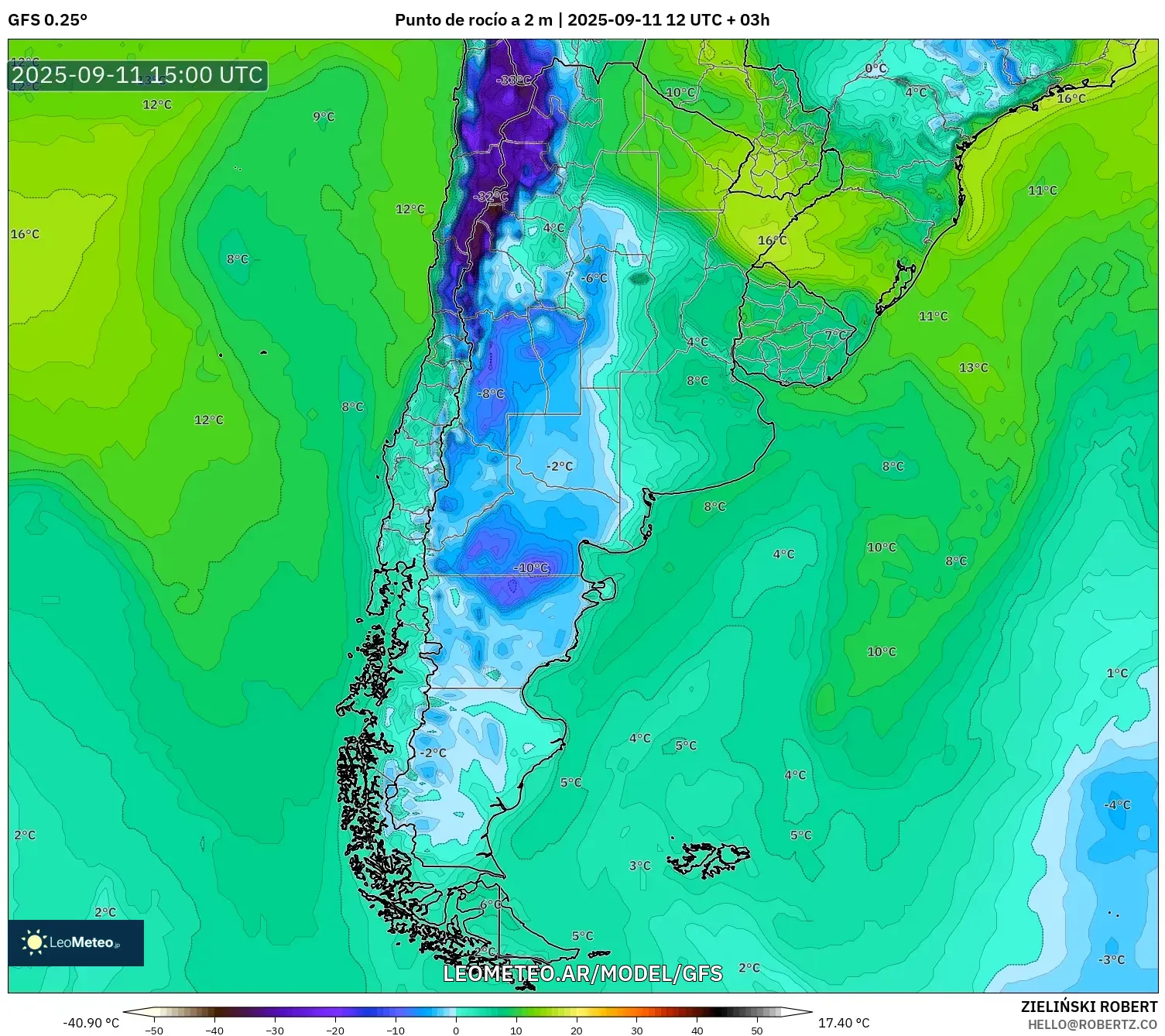 GFS model - Argentina, Punto de rocío a 2 m
