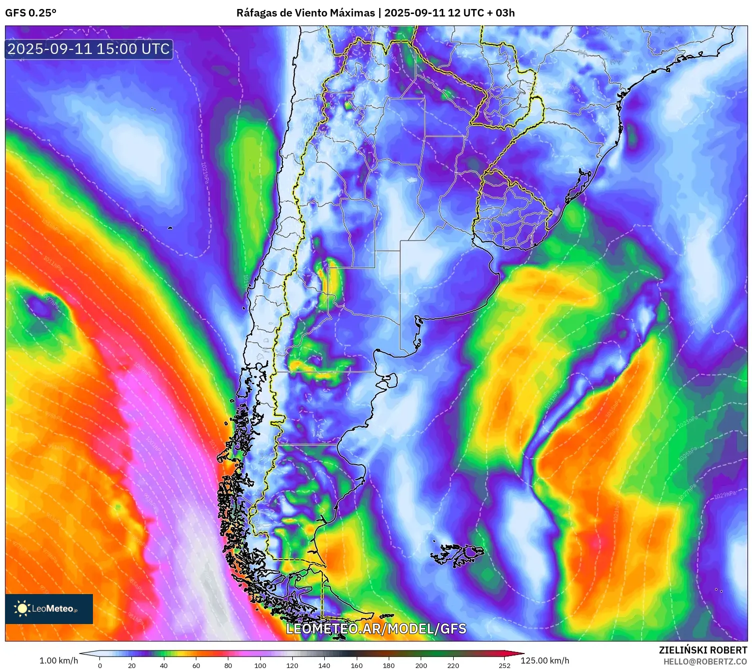 GFS model - Argentina, Ráfagas de Viento Máximas