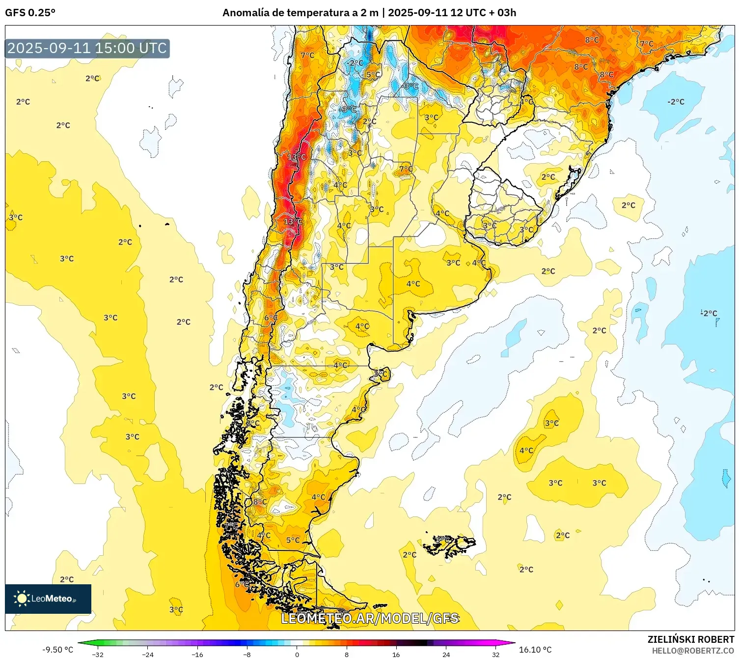 GFS model - Argentina, Anomalía de temperatura a 2 m GFS model - Argentina, Anomalía de temperatura a 2 m