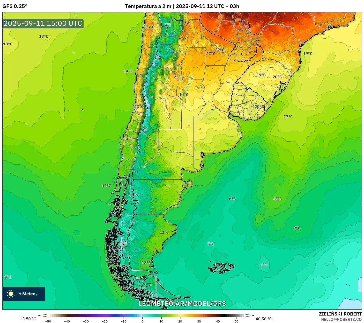 GFS model - Argentina, Temperatura a 2 m GFS model - Argentina, Temperatura a 2 m