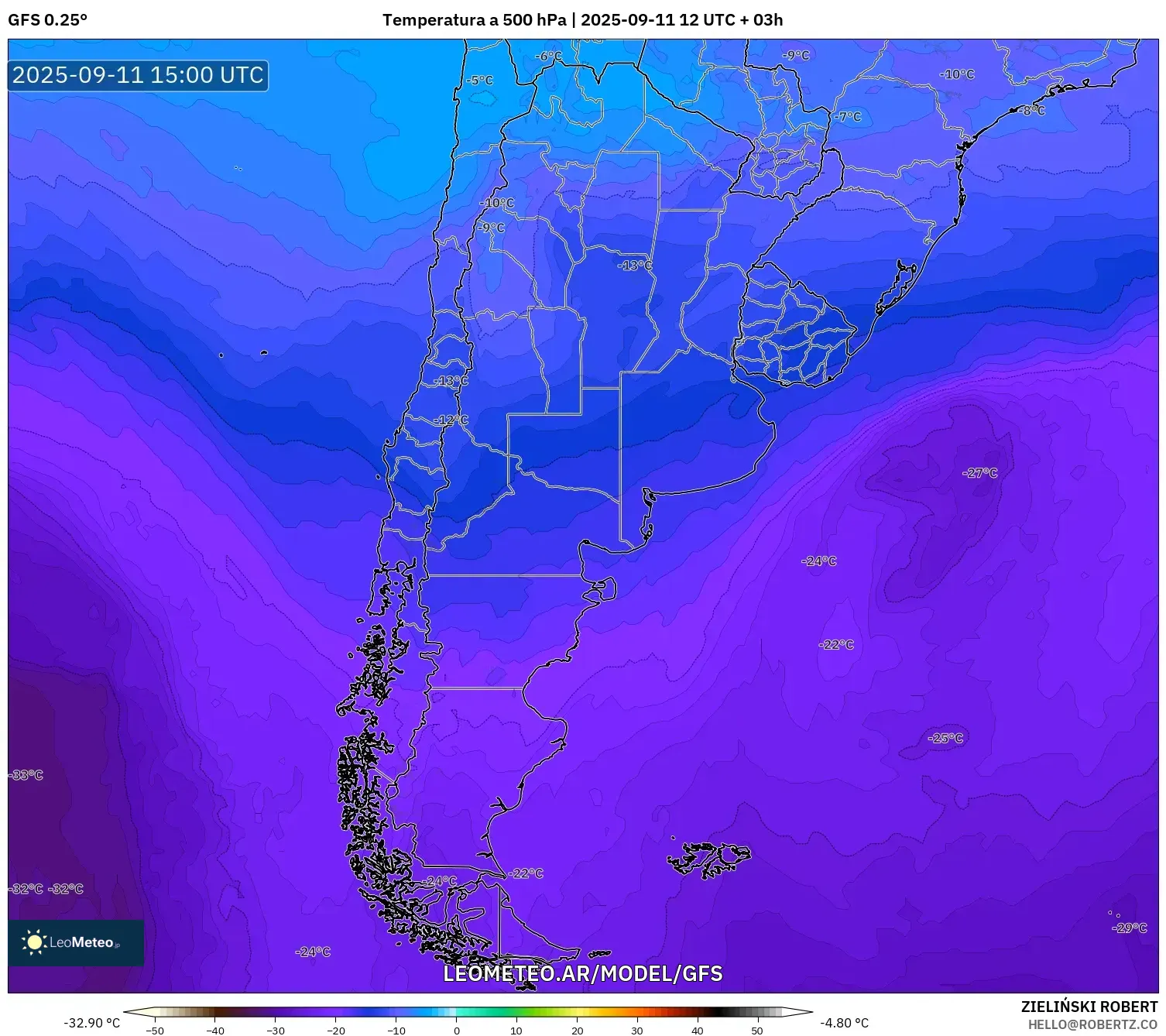 GFS model - Argentina, Temperatura a 500 hPa