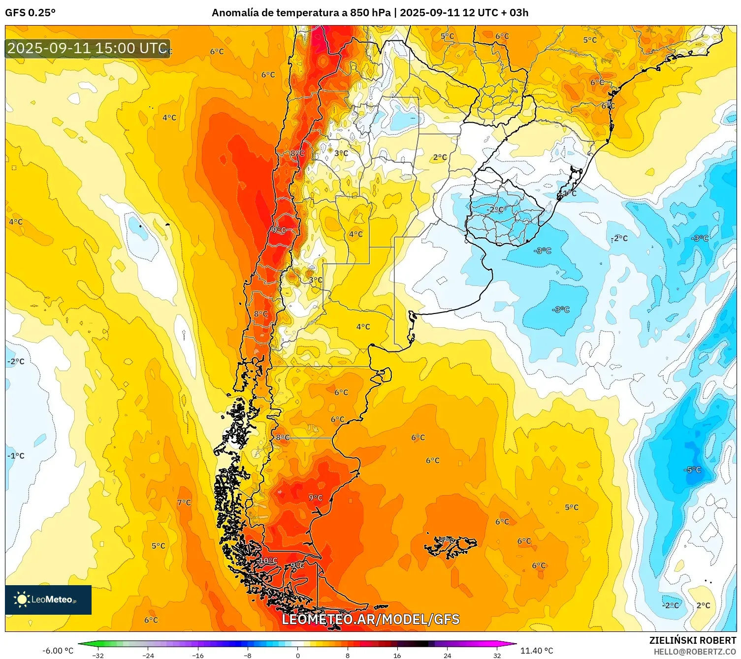 GFS model - Argentina, Anomalía de temperatura a 850 hPa