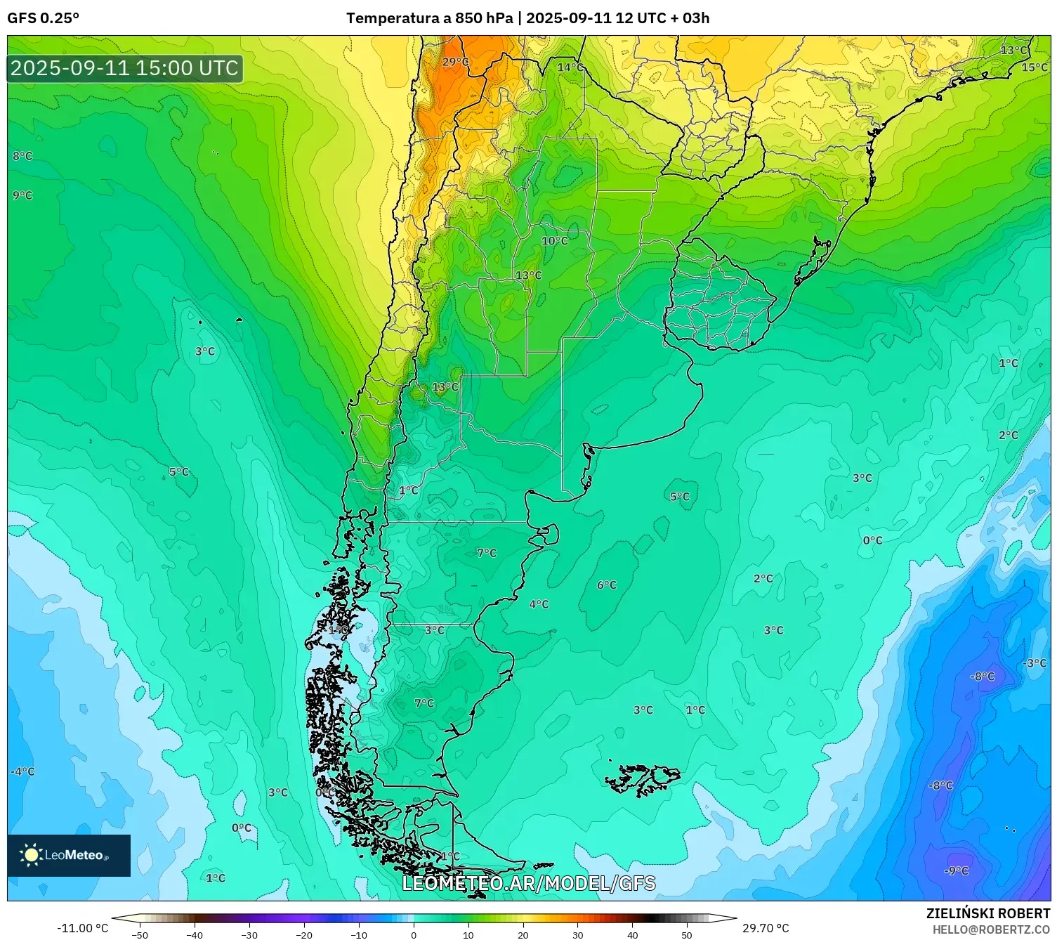 GFS model - Argentina, Temperatura a 850 hPa