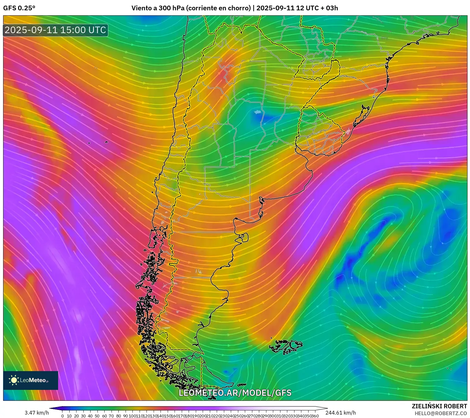 GFS model - Argentina, Viento a 300 hPa (corriente en chorro)