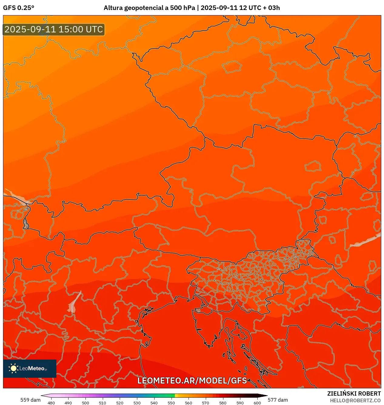 GFS model - Austria, Altura geopotencial a 500 hPa