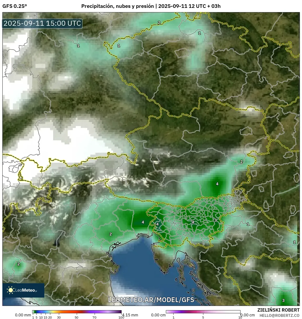 GFS model - Austria, Precipitación, nubes y presión
