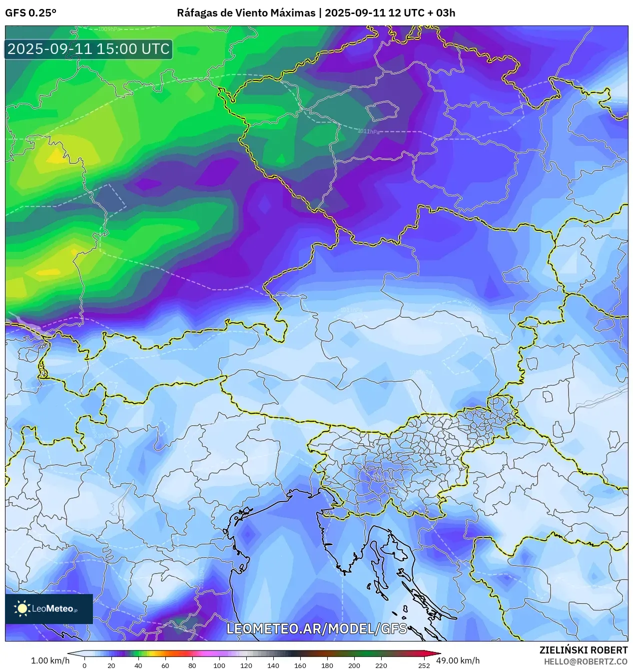 GFS model - Austria, Ráfagas de Viento Máximas