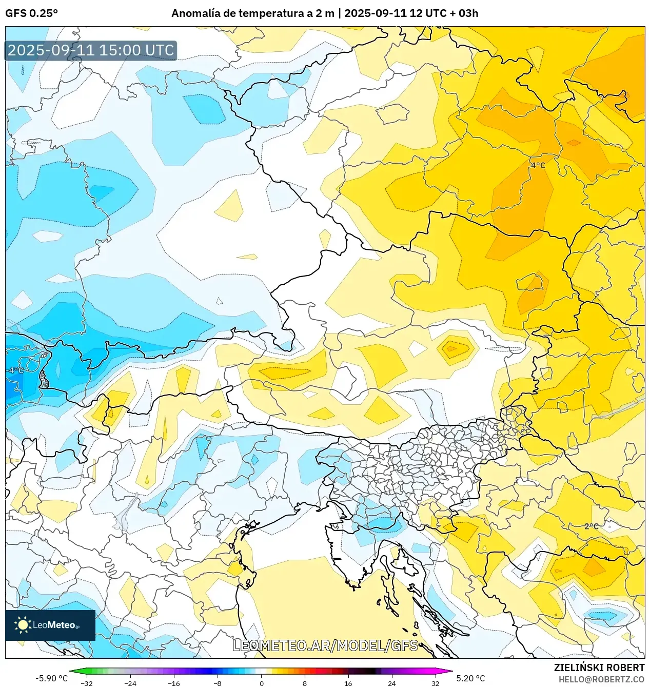 GFS model - Austria, Anomalía de temperatura a 2 m