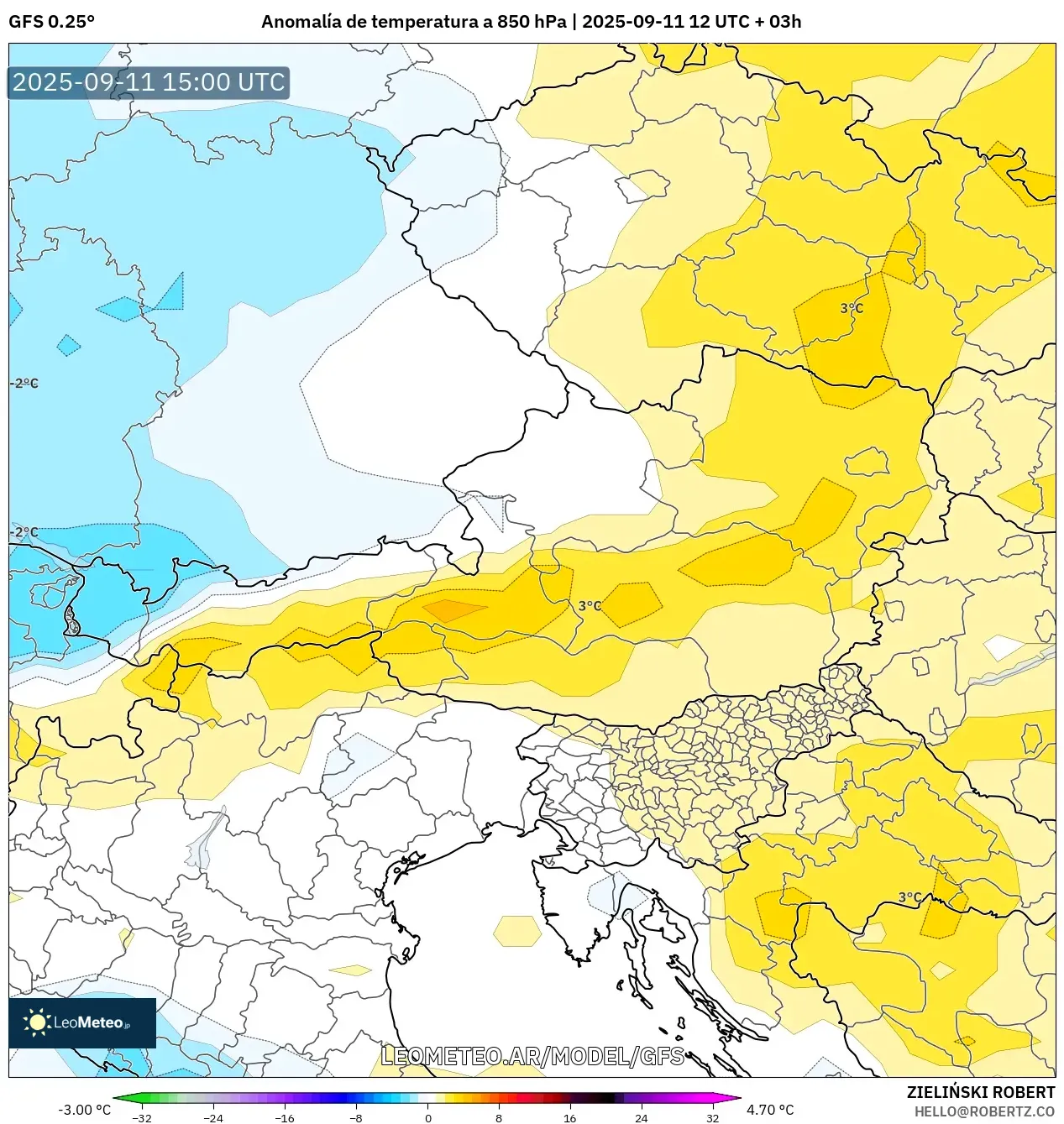 GFS model - Austria, Anomalía de temperatura a 850 hPa