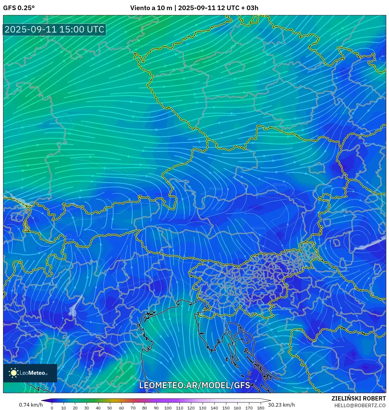 GFS model - Austria, Viento a 10 m