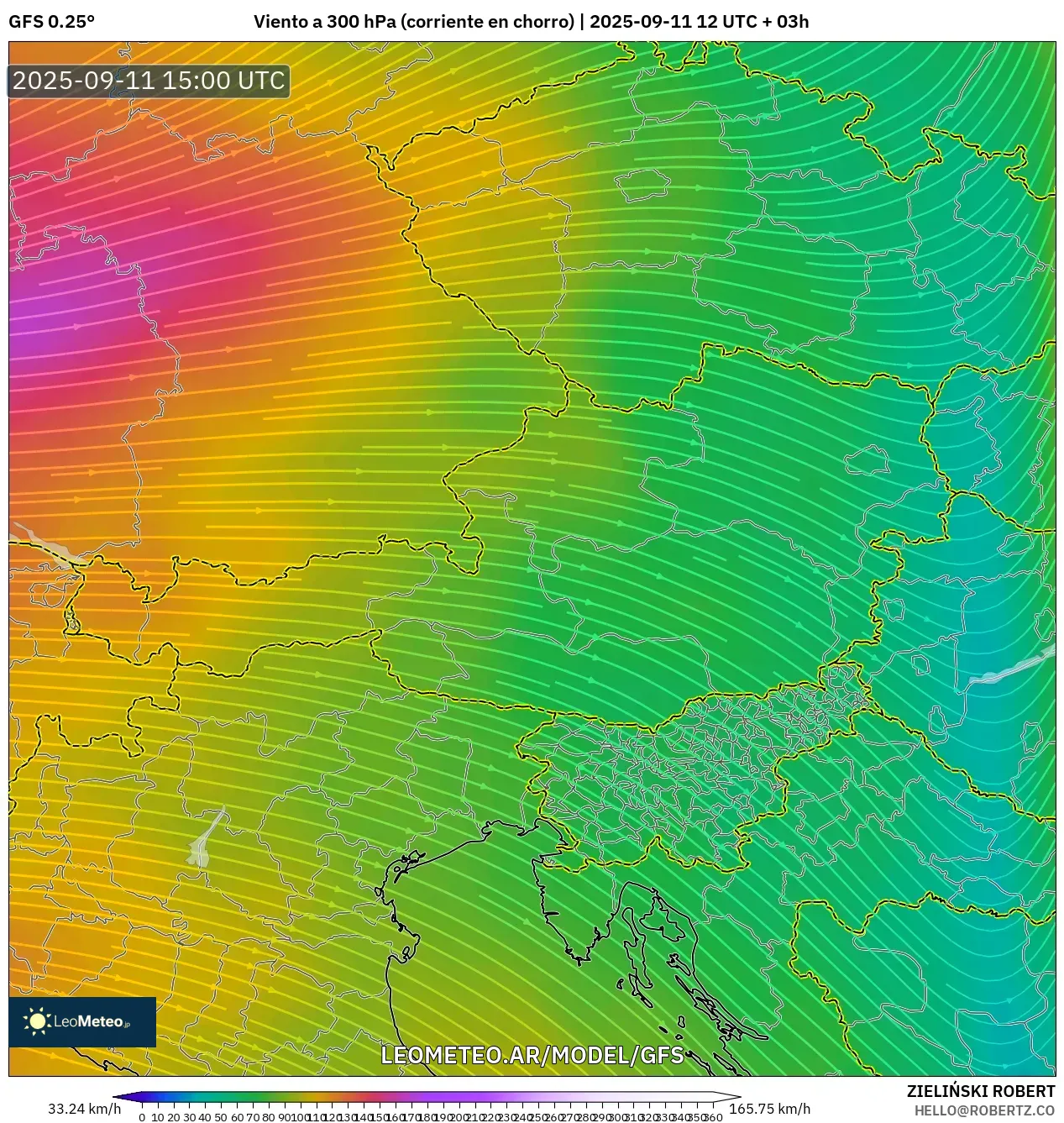 GFS model - Austria, Viento a 300 hPa (corriente en chorro)