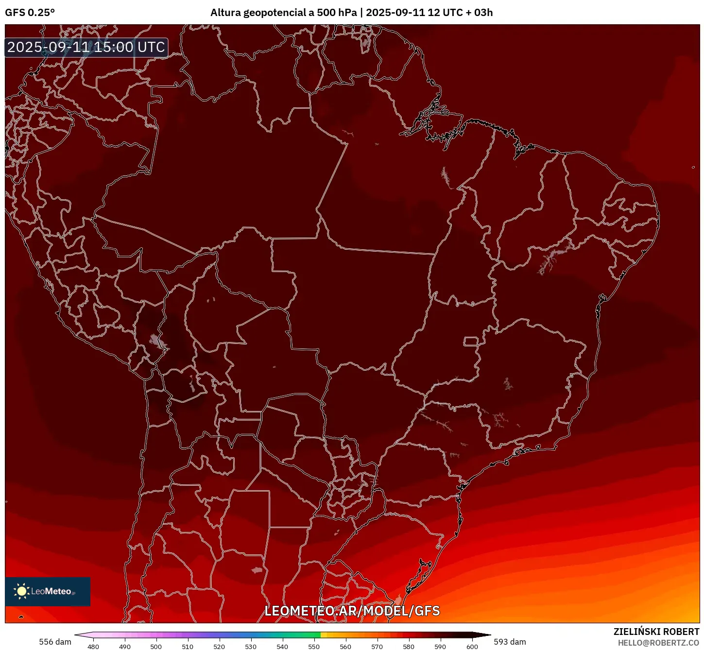 GFS model - Brasil, Altura geopotencial a 500 hPa