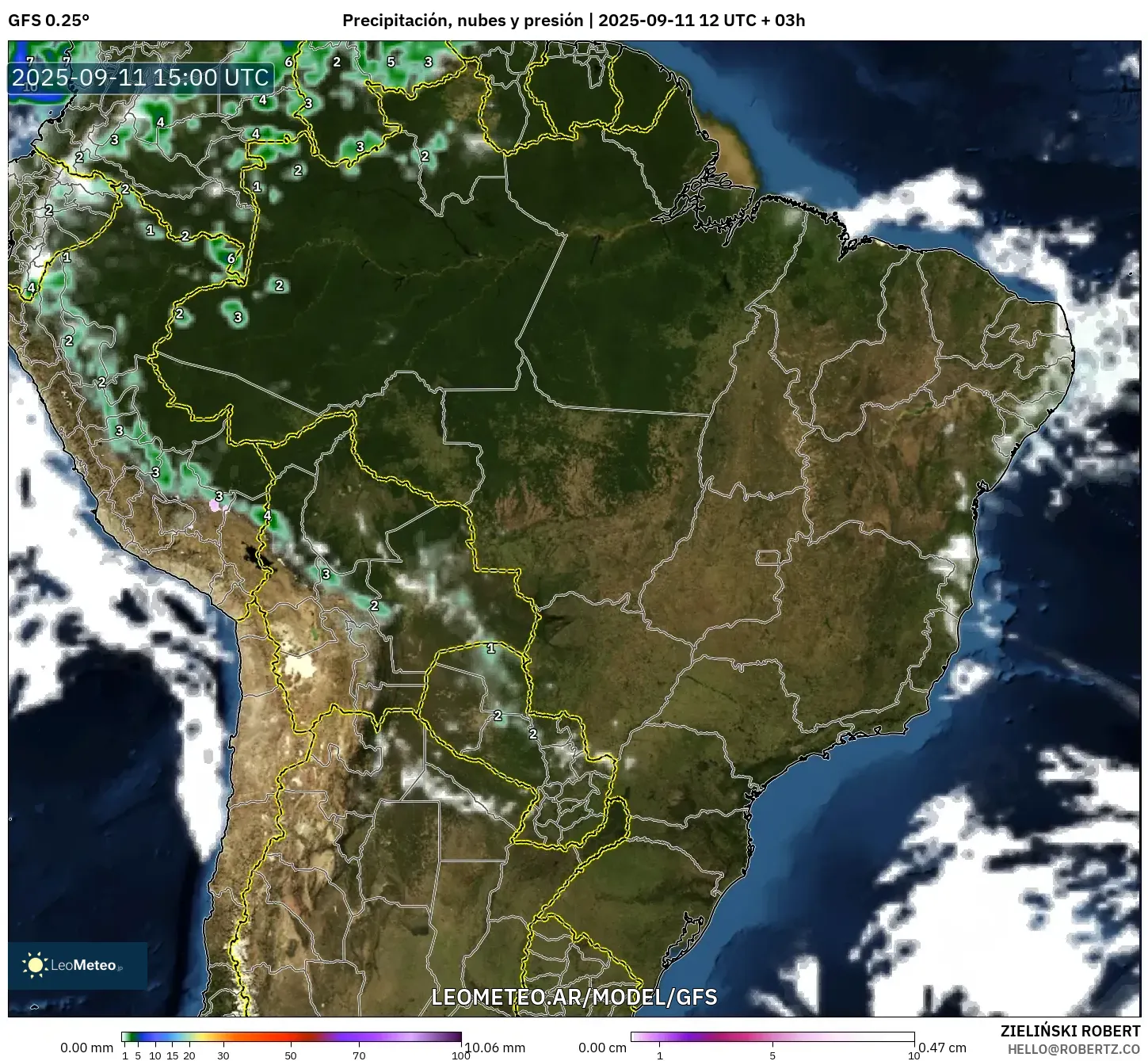 GFS model - Brasil, Precipitación, nubes y presión