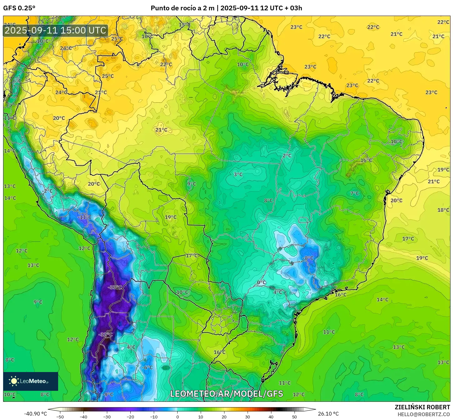 GFS model - Brasil, Punto de rocío a 2 m GFS model - Brasil, Punto de rocío a 2 m
