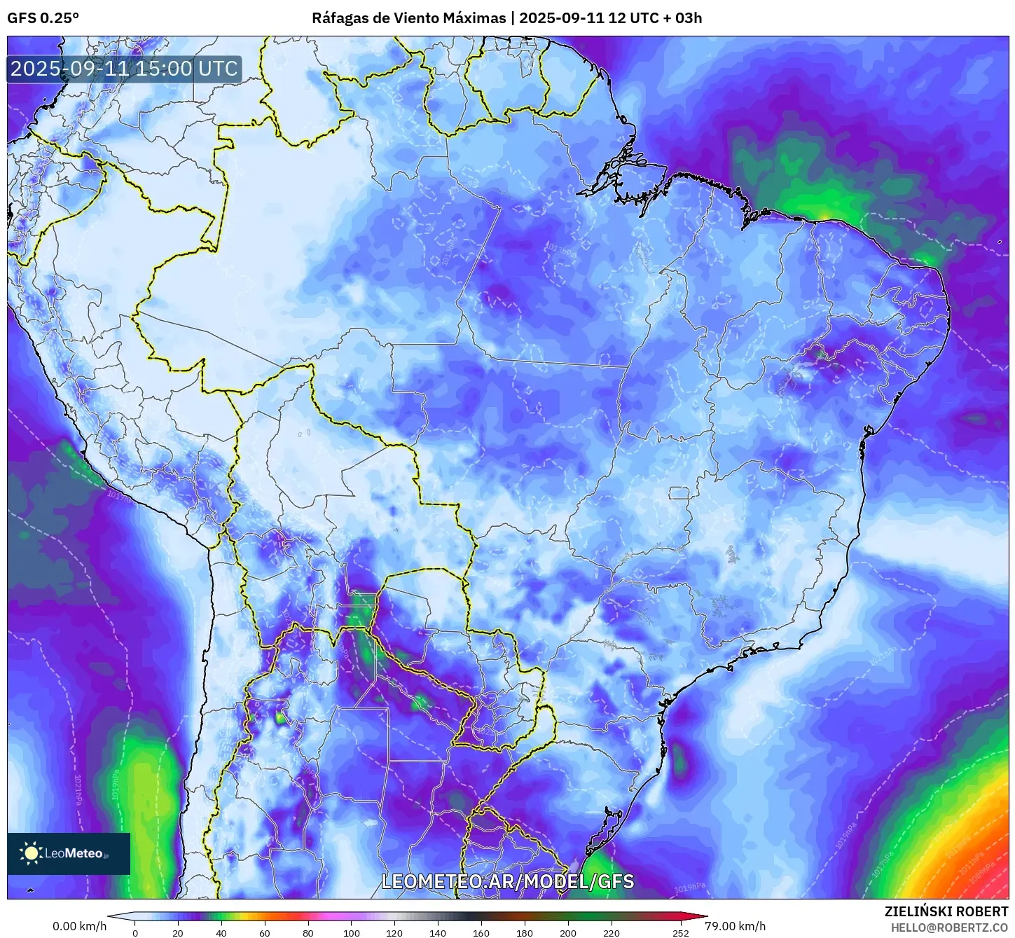 GFS model - Brasil, Ráfagas de Viento Máximas GFS model - Brasil, Ráfagas de Viento Máximas