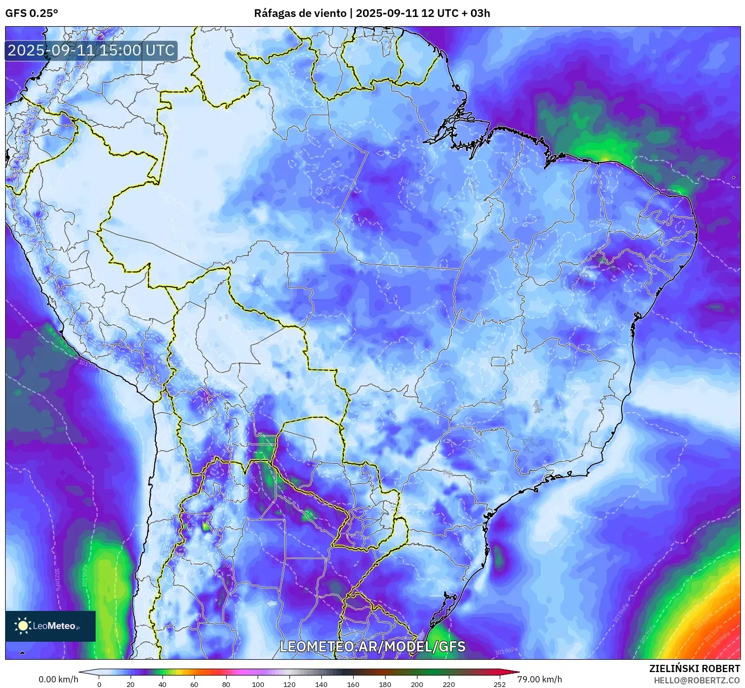 GFS model - Brasil, Ráfagas de viento