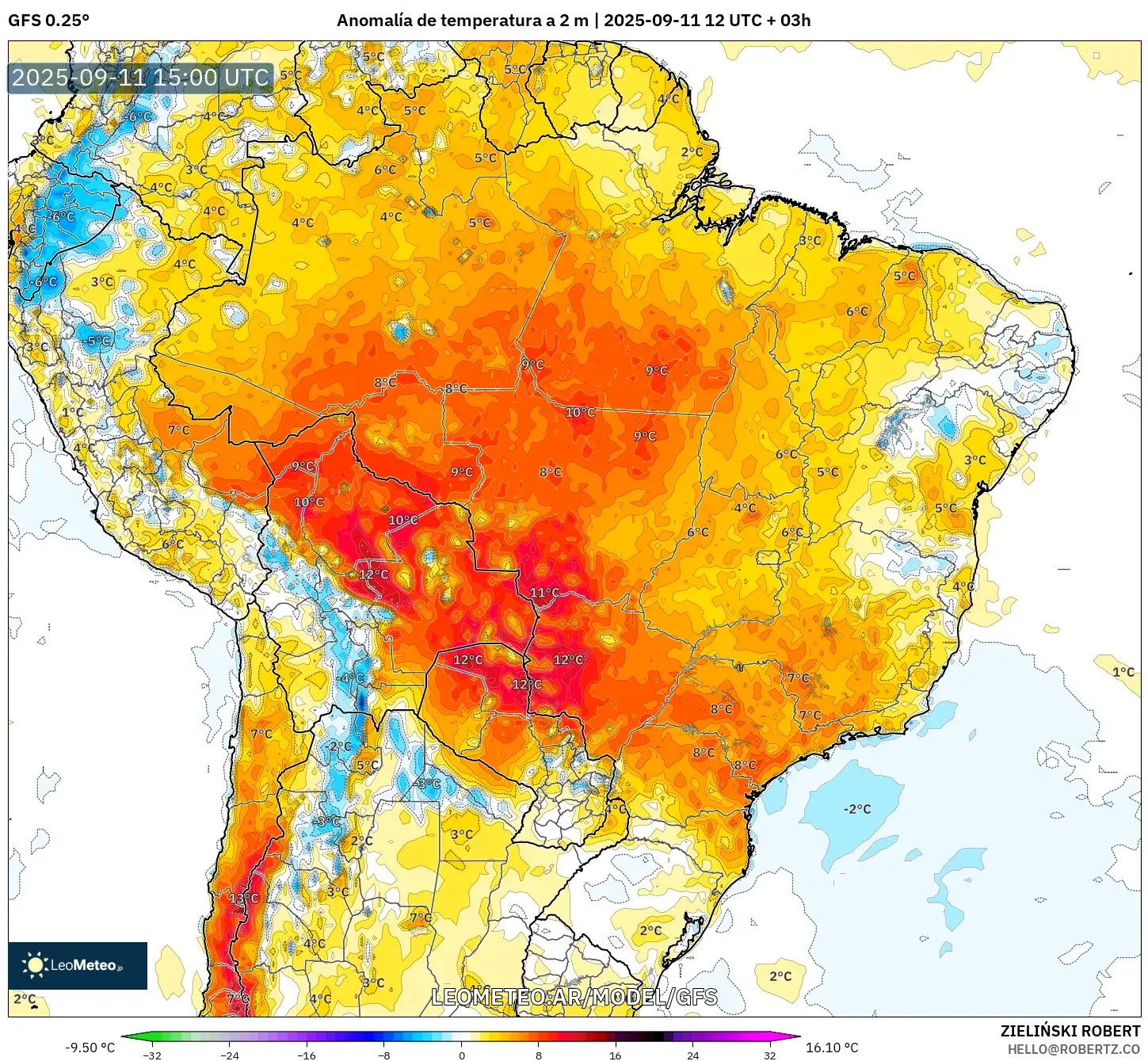 GFS model - Brasil, Anomalía de temperatura a 2 m