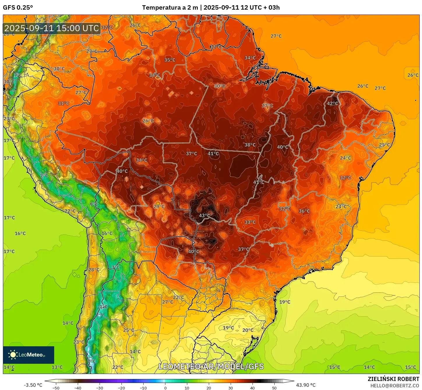 GFS model - Brasil, Temperatura a 2 m