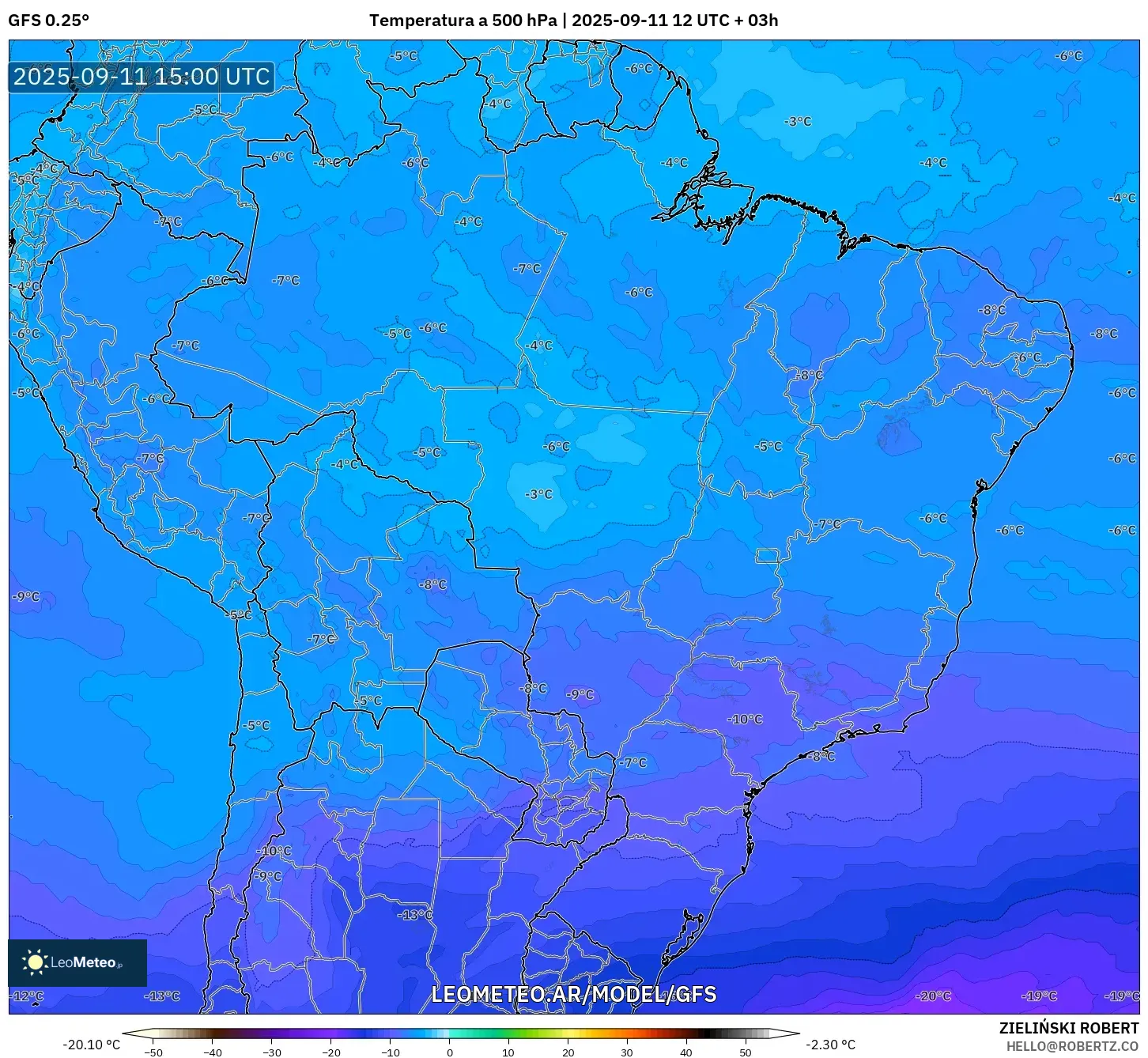 GFS model - Brasil, Temperatura a 500 hPa