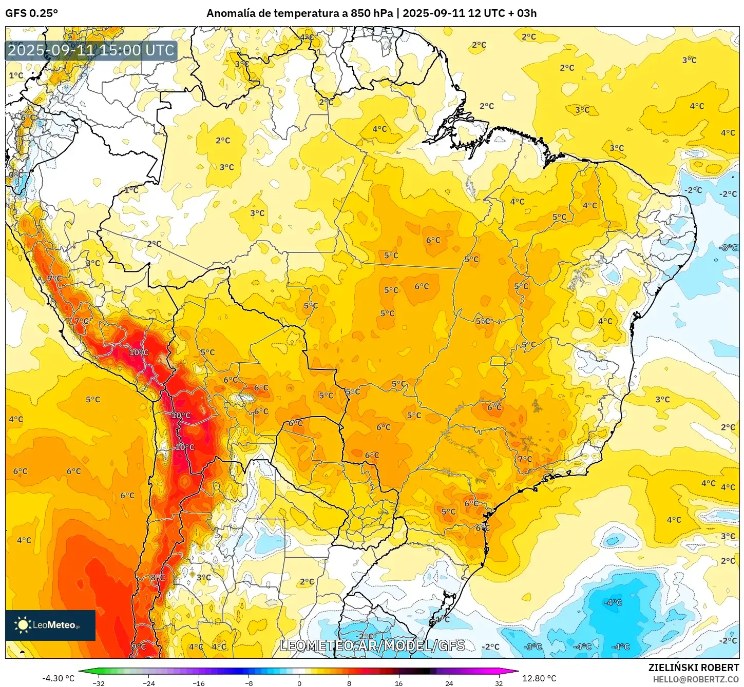 GFS model - Brasil, Anomalía de temperatura a 850 hPa GFS model - Brasil, Anomalía de temperatura a 850 hPa