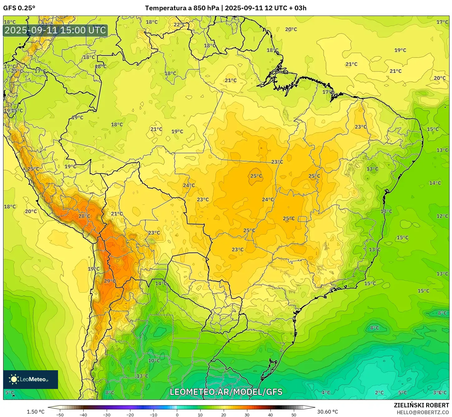 GFS model - Brasil, Temperatura a 850 hPa GFS model - Brasil, Temperatura a 850 hPa