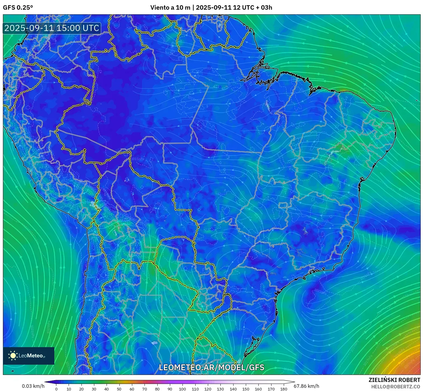 GFS model - Brasil, Viento a 10 m