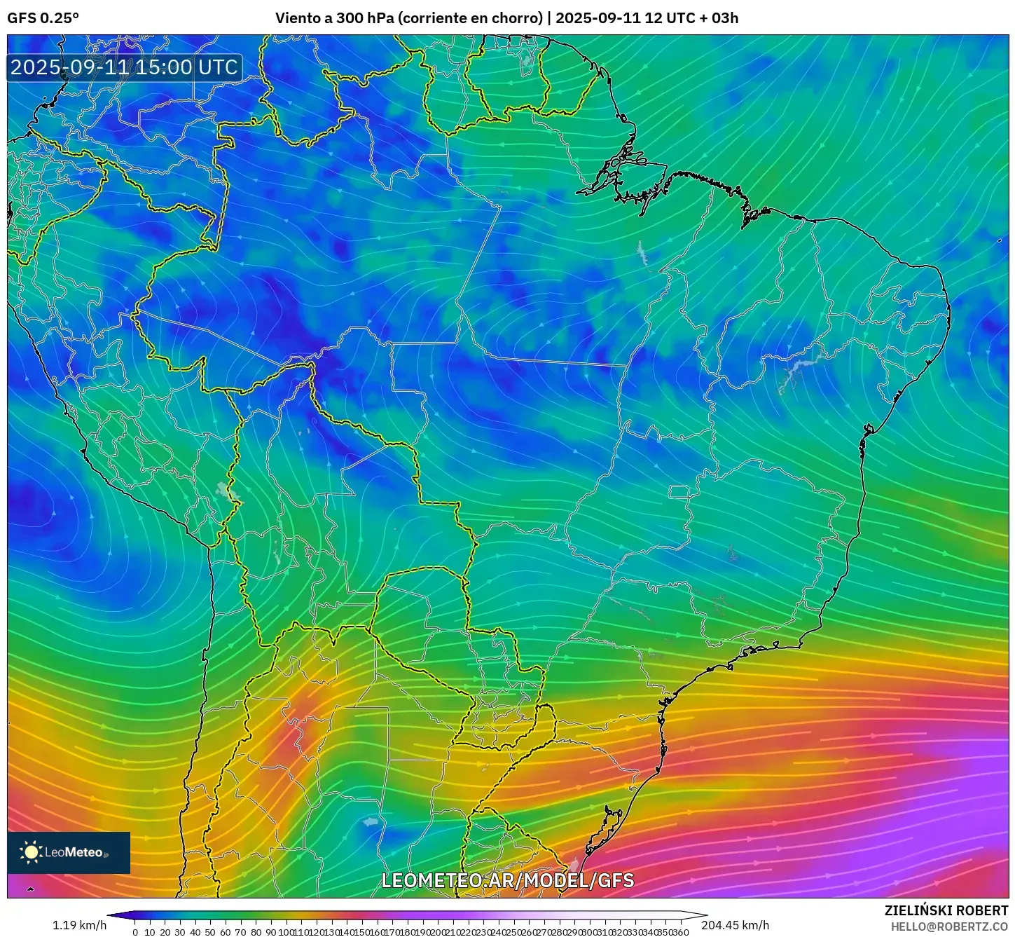 GFS model - Brasil, Viento a 300 hPa (corriente en chorro)