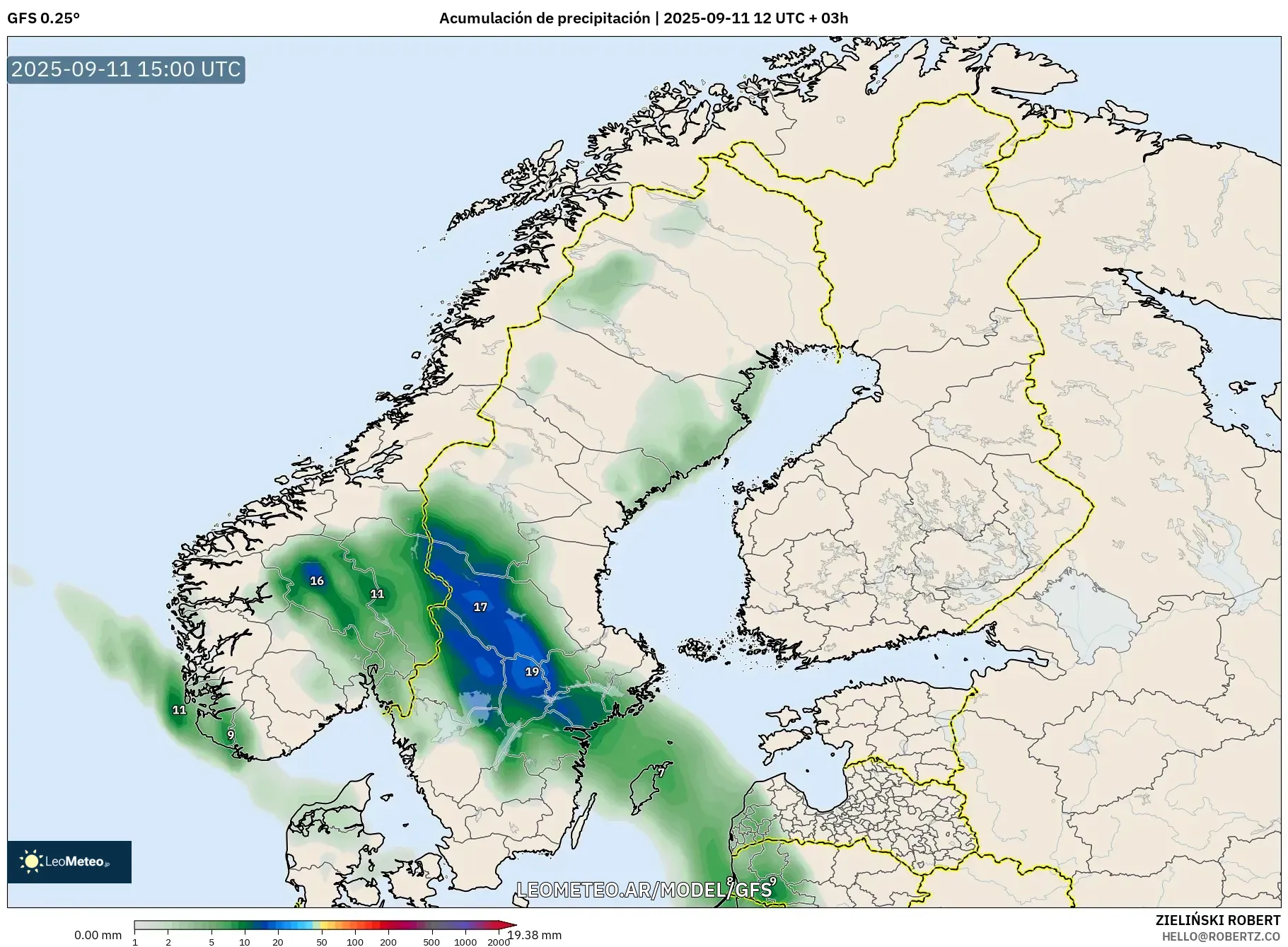 GFS model - Escandinavia, Acumulación de precipitación
