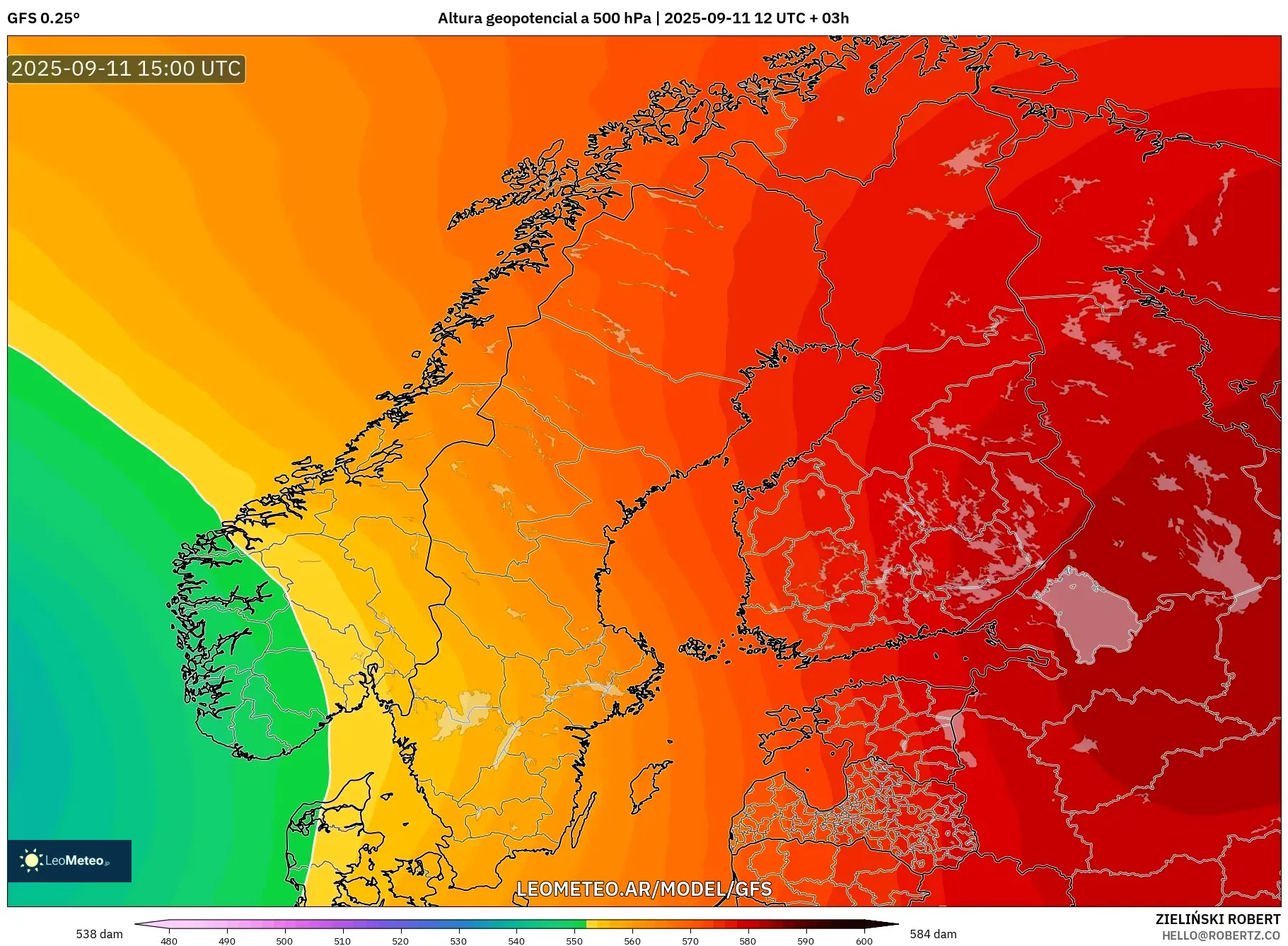 GFS model - Escandinavia, Altura geopotencial a 500 hPa