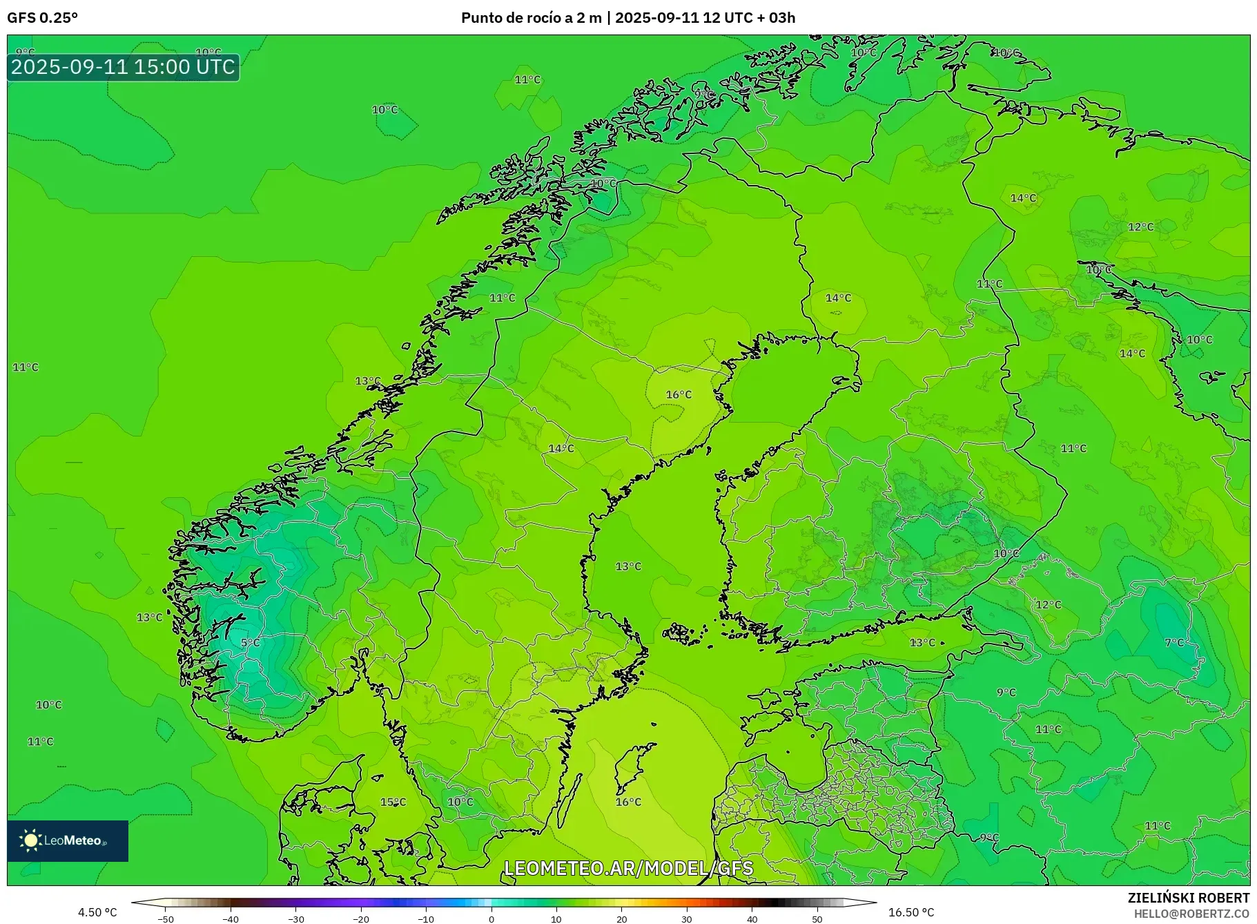 GFS model - Escandinavia, Punto de rocío a 2 m