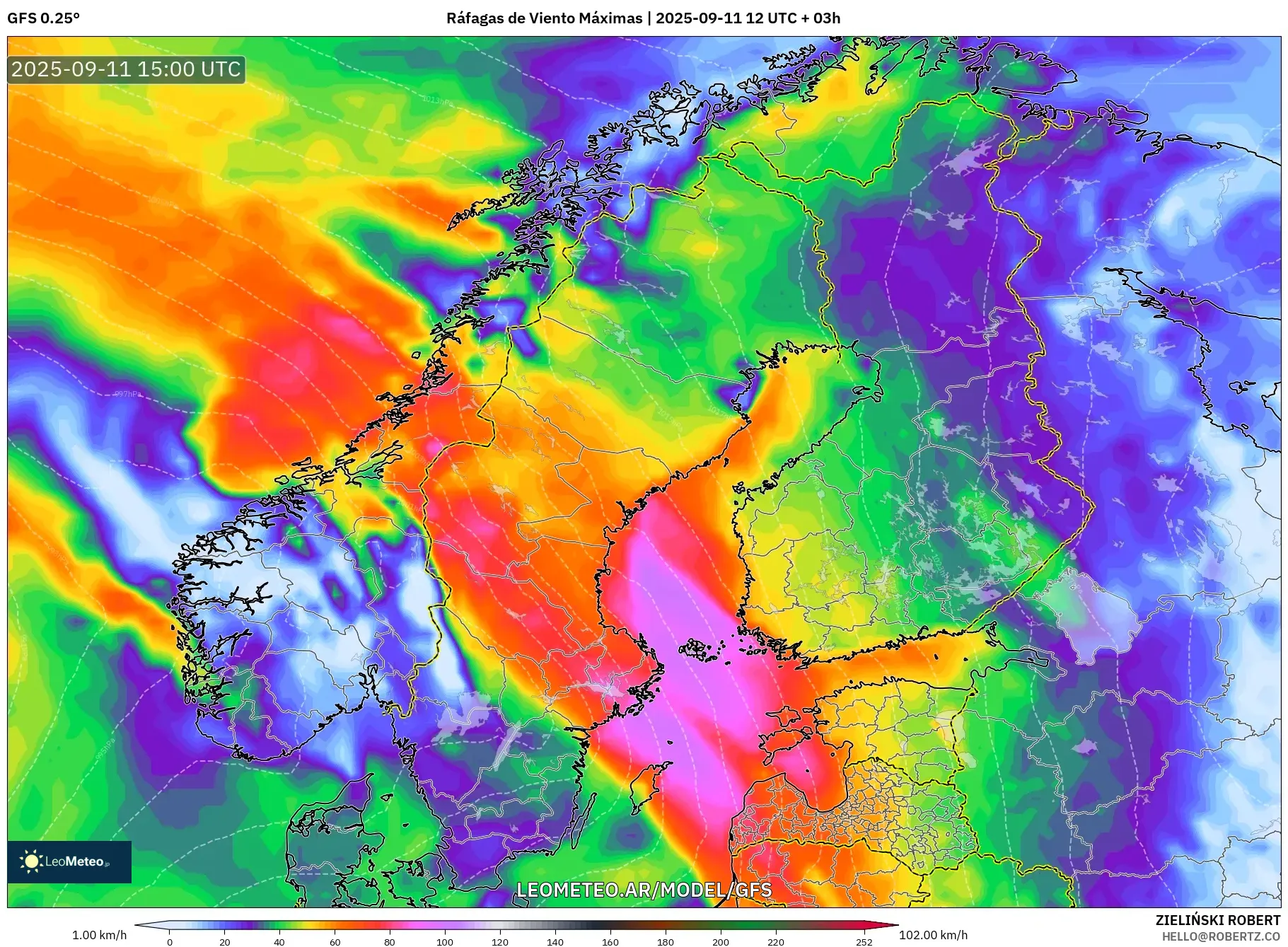 GFS model - Escandinavia, Ráfagas de Viento Máximas GFS model - Escandinavia, Ráfagas de Viento Máximas