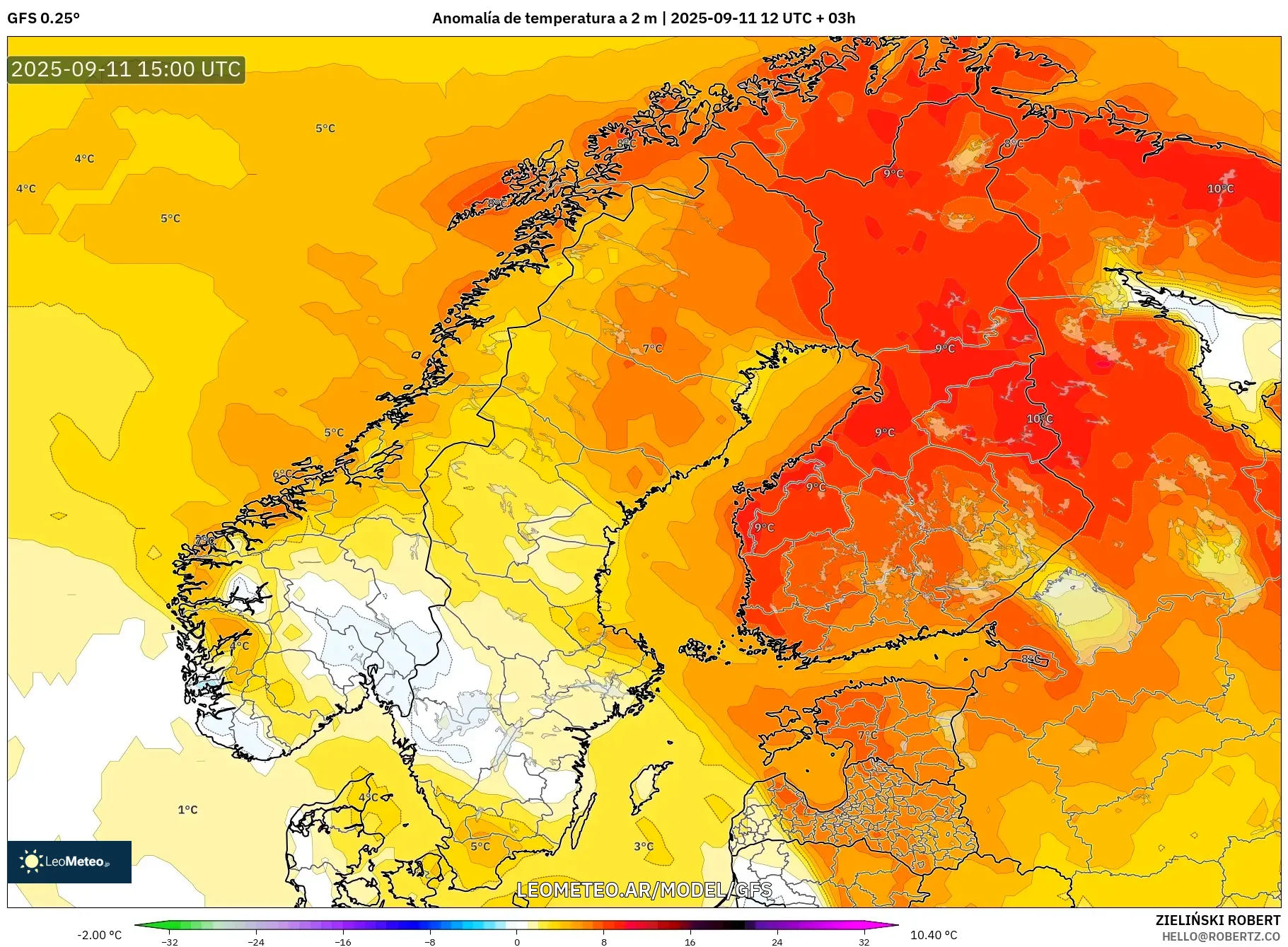 GFS model - Escandinavia, Anomalía de temperatura a 2 m GFS model - Escandinavia, Anomalía de temperatura a 2 m