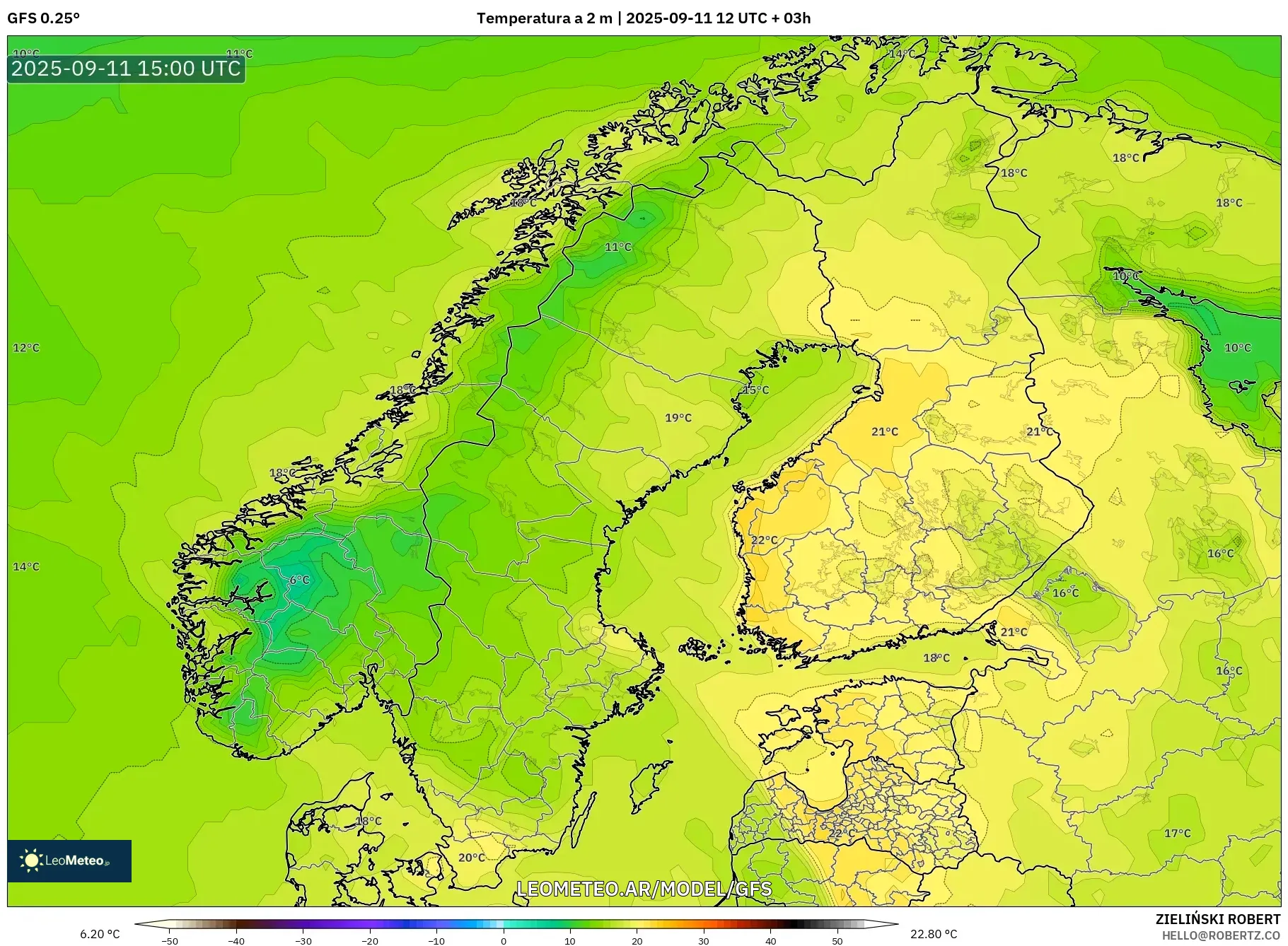 GFS model - Escandinavia, Temperatura a 2 m GFS model - Escandinavia, Temperatura a 2 m