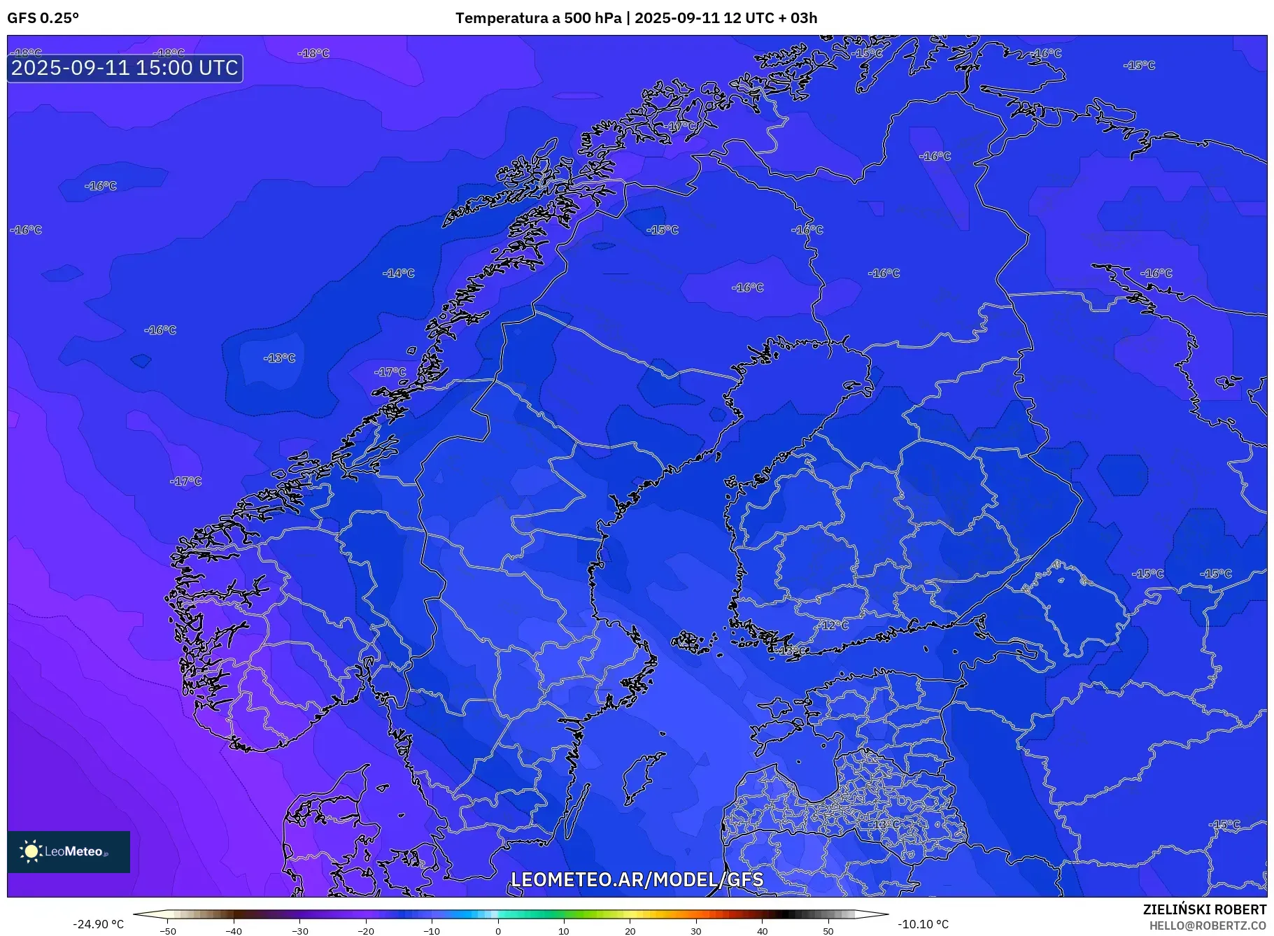 GFS model - Escandinavia, Temperatura a 500 hPa