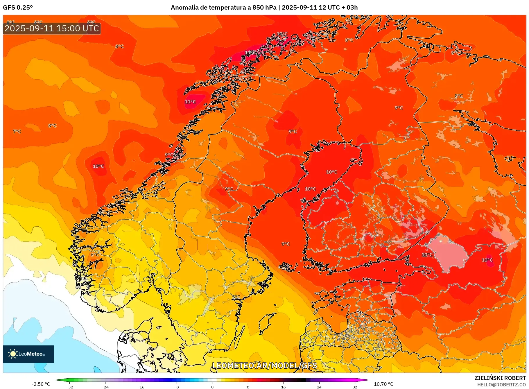 GFS model - Escandinavia, Anomalía de temperatura a 850 hPa